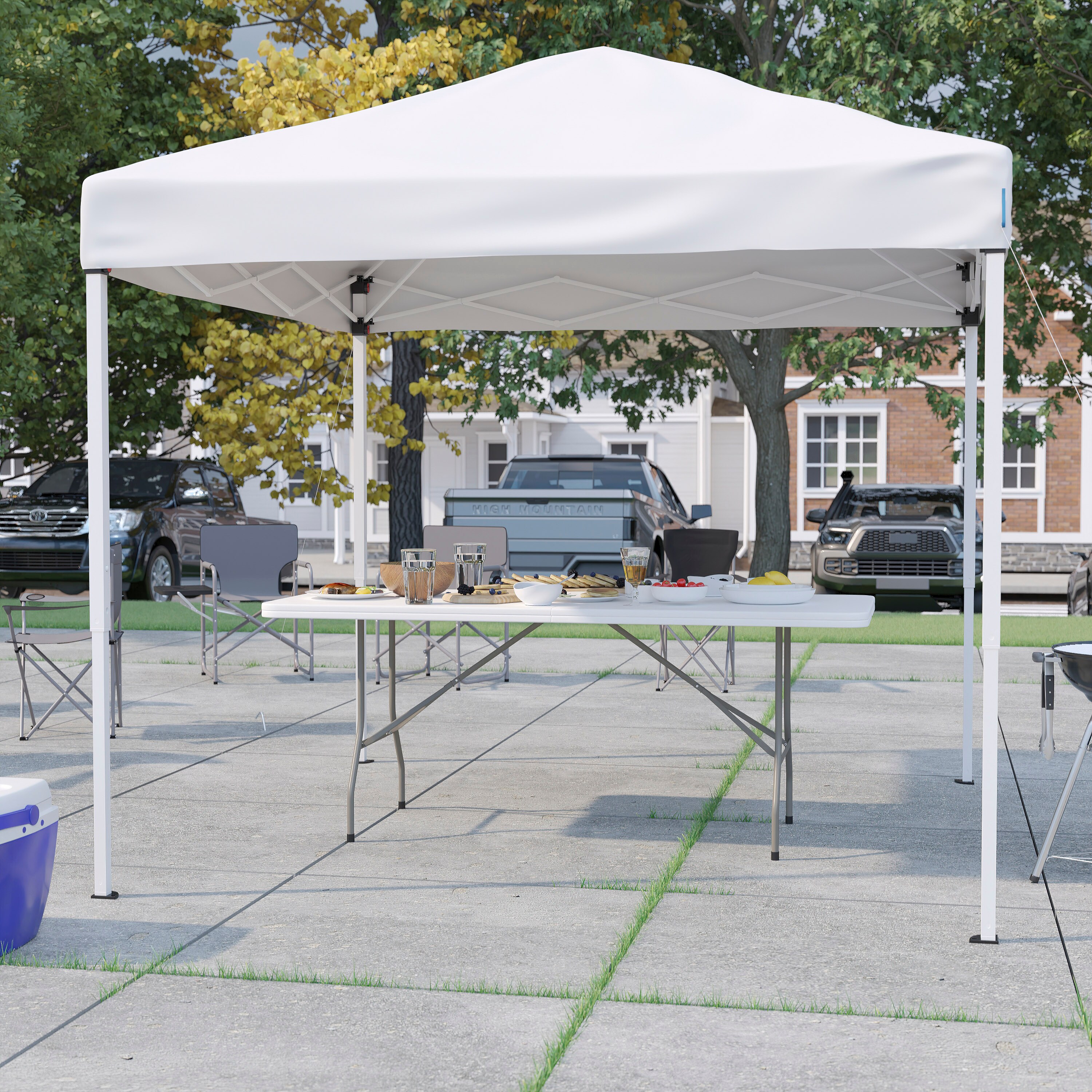 Flash Furniture 889142989134 Otis 8-ft x8-ft White Pop Up Event Canopy Tent with Carry Bag and 6-Foot Bi-Fold Folding Table with Carrying Handle - Tailgate Tent Set