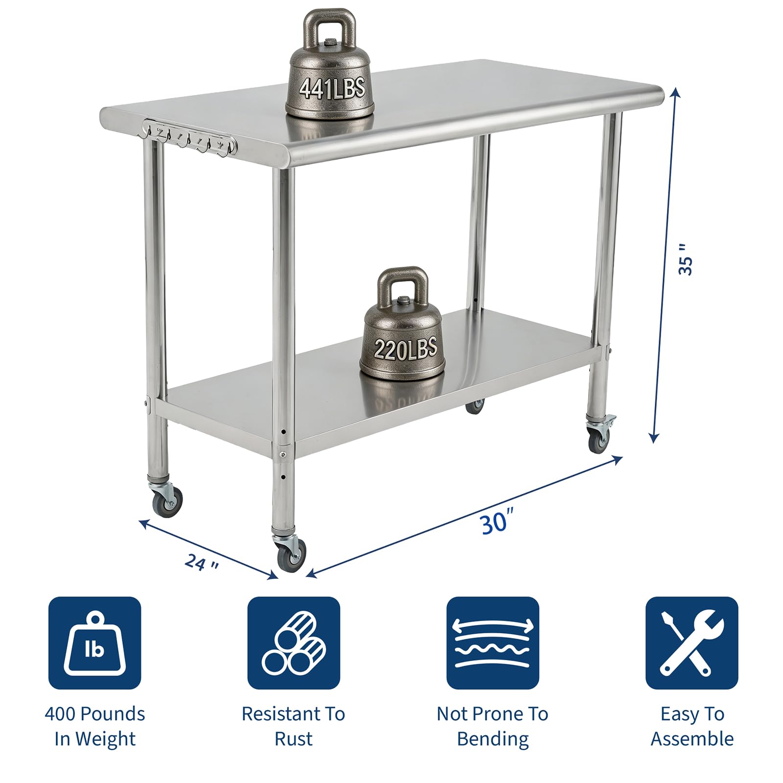 IdealHouse 30x24x35In Heavy Duty Stainless Steel Commercial Prep Table - Arc Edge Lockable Casters - Multipurpose Mobile Utility Workbench for Restaurants Pizzerias and Commercial Kitchens