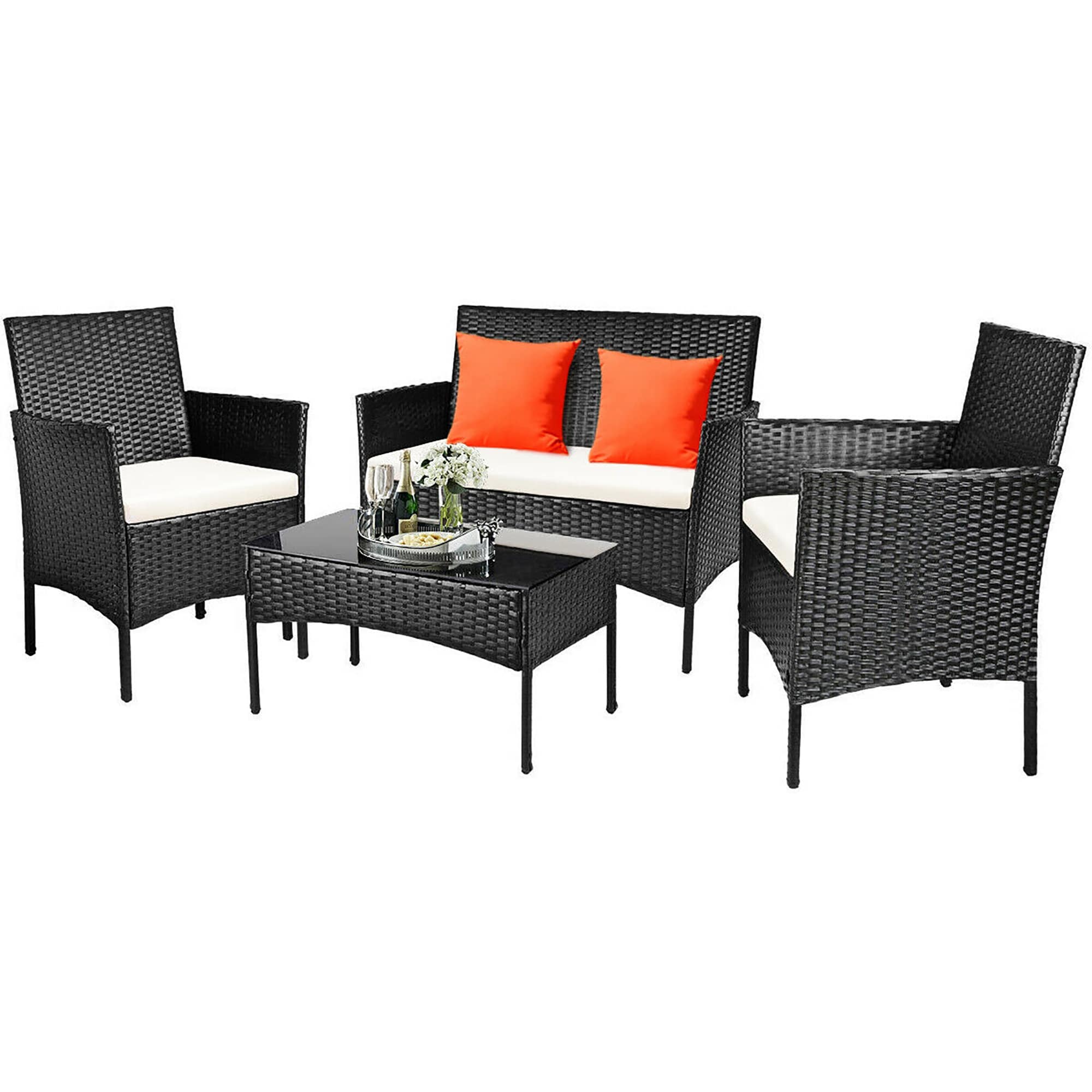 CASAINC WF-HW53485 4-Piece Rattan Patio Conversation Set with Blue Cushions