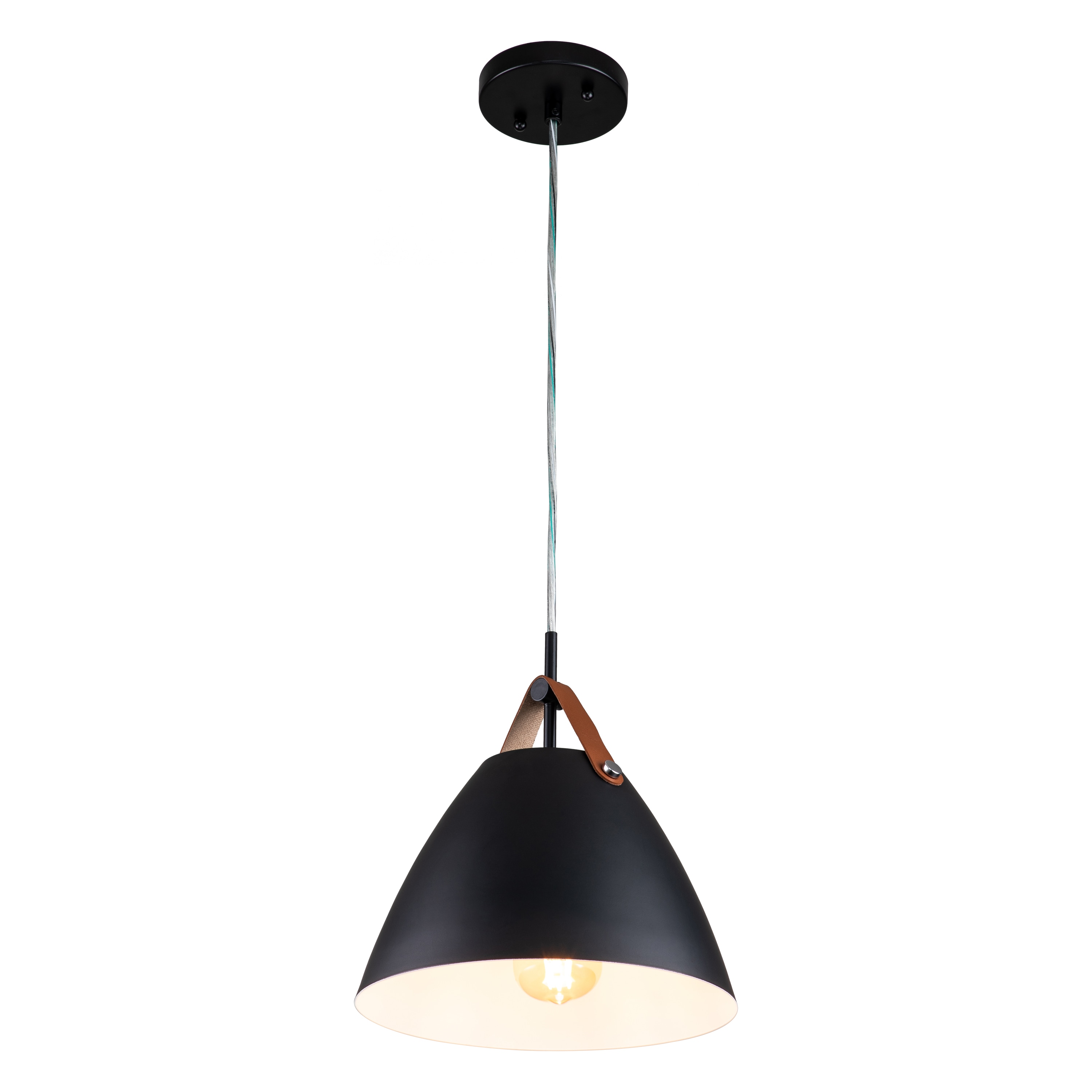 Modern 10.75" Black Aluminum Dome Pendant with Leather Strap