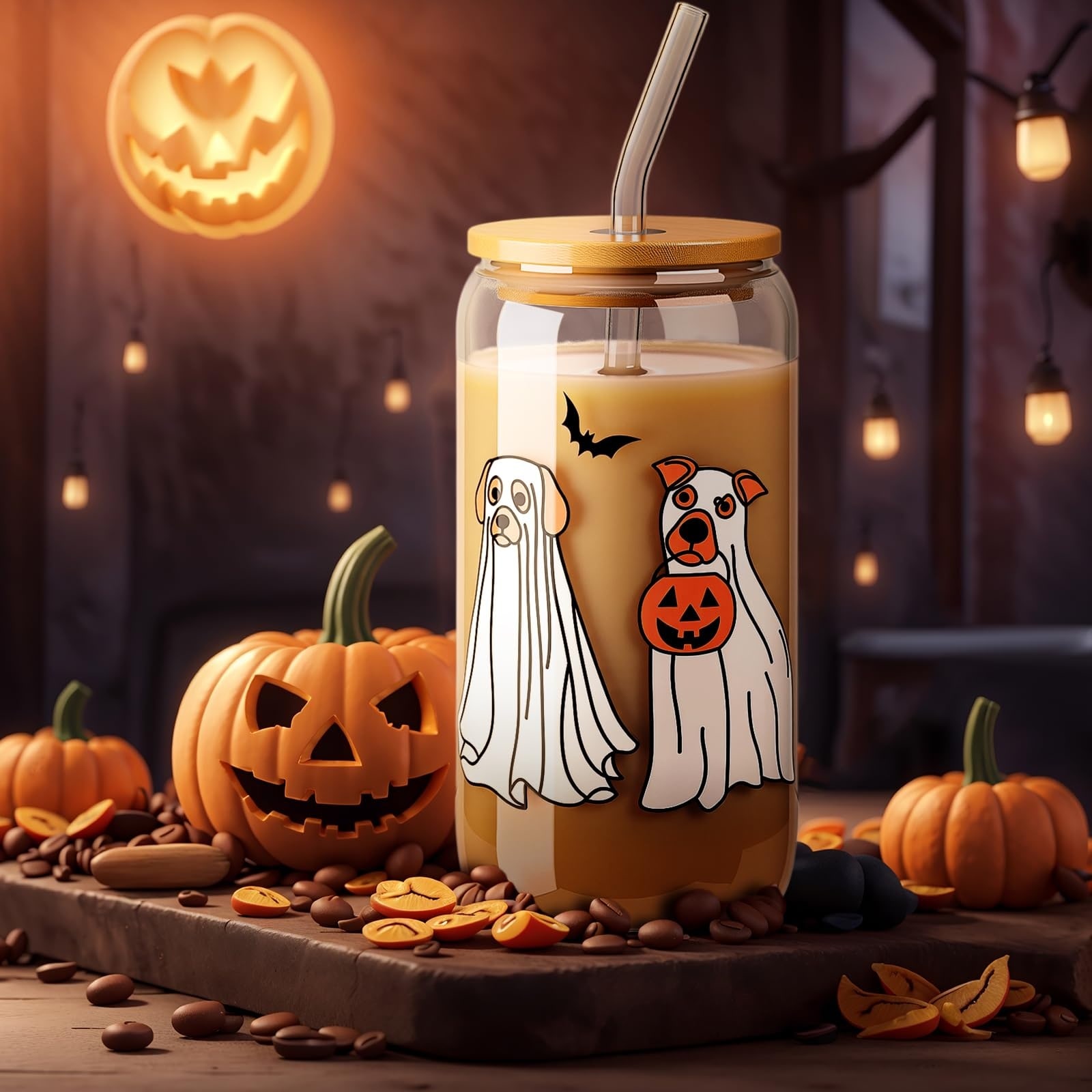 Aoibox 16 oz Halloween Ghost Pumpkin Engraved Drinking Glass Cup with Lid and Straw Spooky Seasonal Drinkware #LABLNR8A