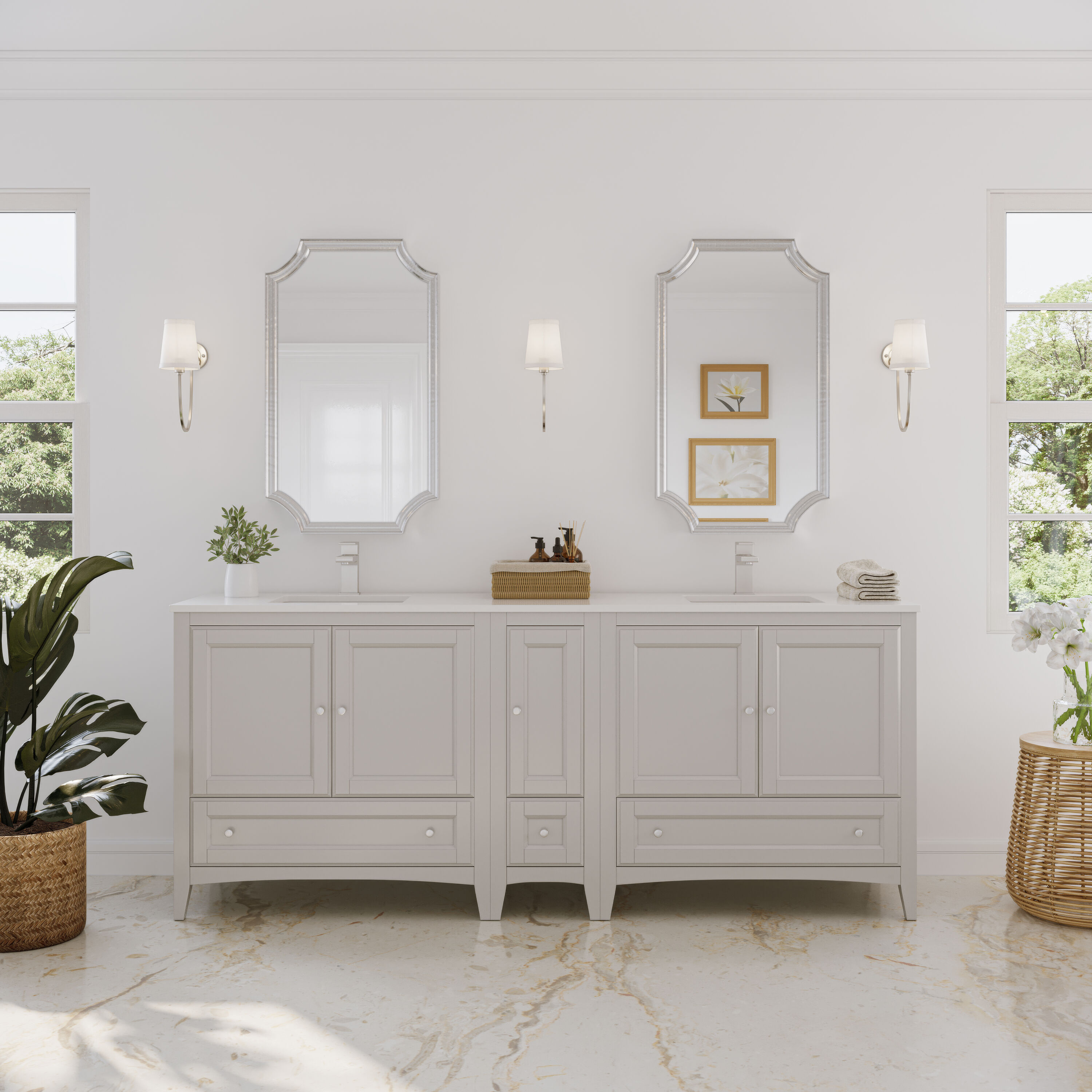Fresca FCB20-361236AW-CWH-U Oxford 84-in Antique White Undermount Double sink Bathroom Vanity with White Quartz Top