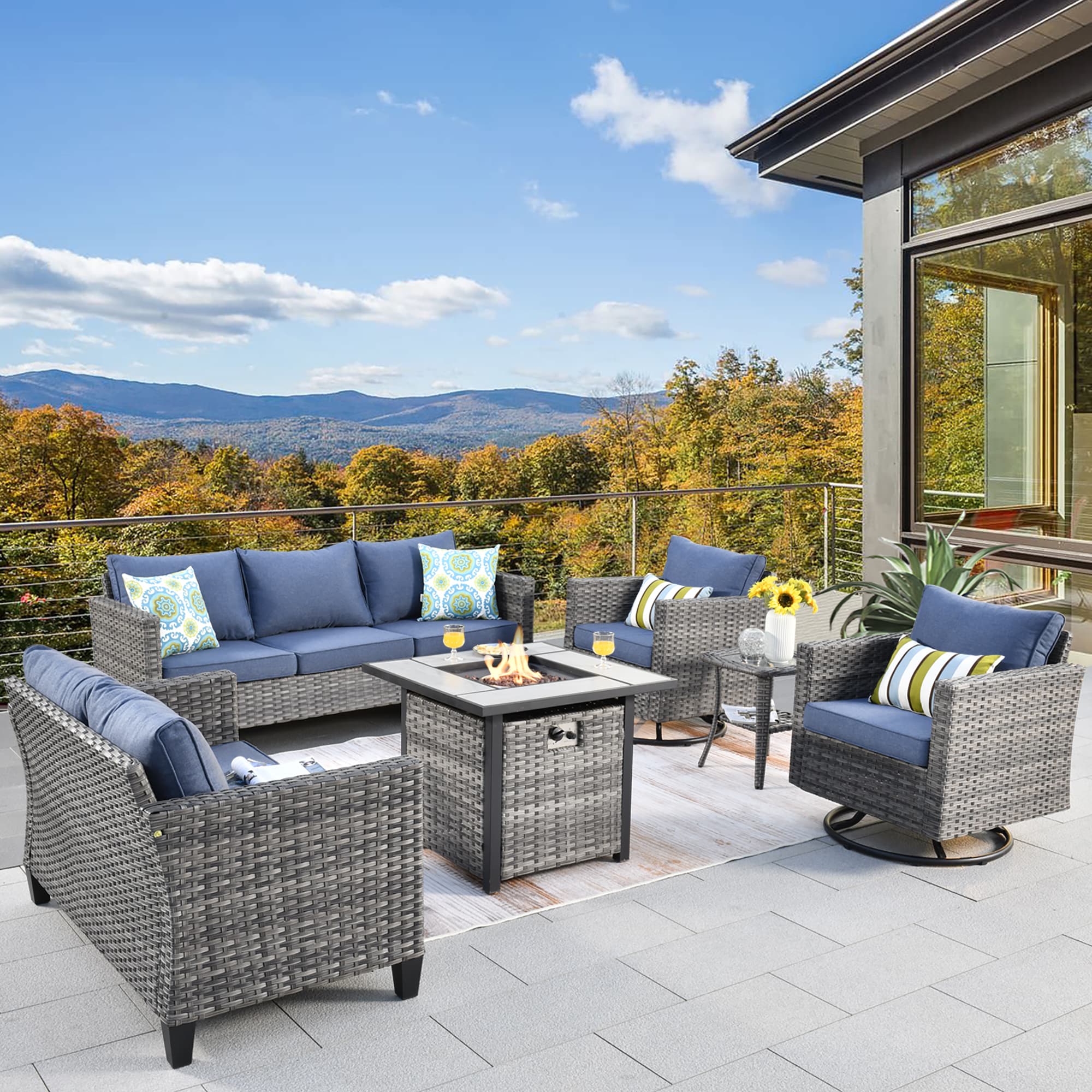 XIZZI XSQRCL3164-FP Lullaby 6-Piece Rattan Patio Sofa Conversation Set with Blue Cushions