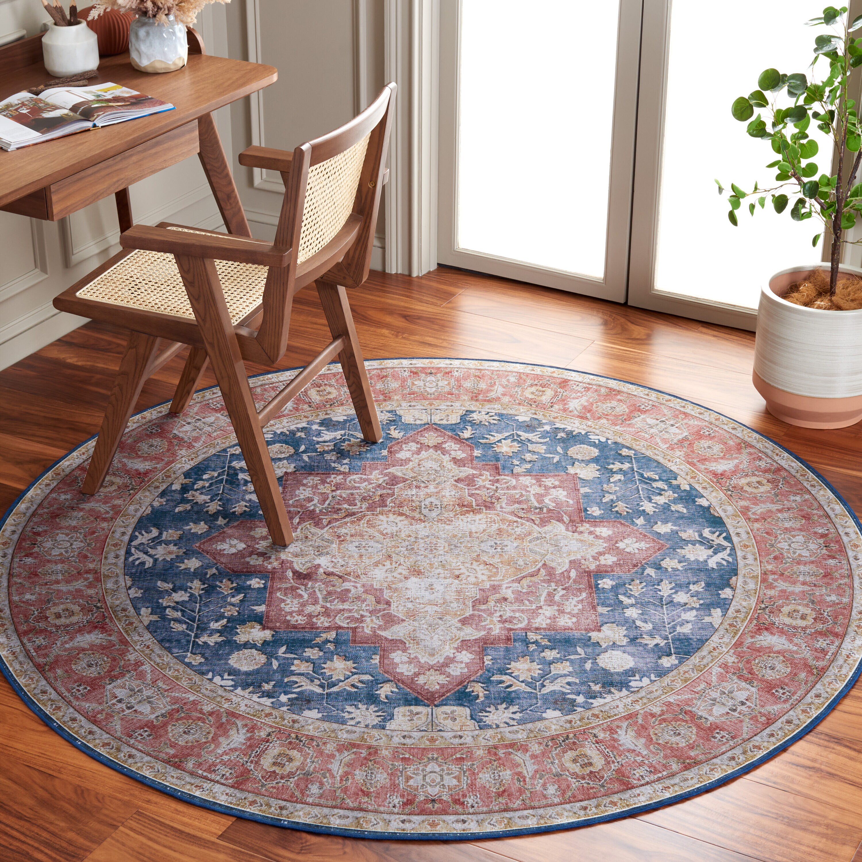 Tucson Vintage Persian 105N Navy Rust Machine Washable/Slip Resistant 6ft x 6ft Traditional Rug
