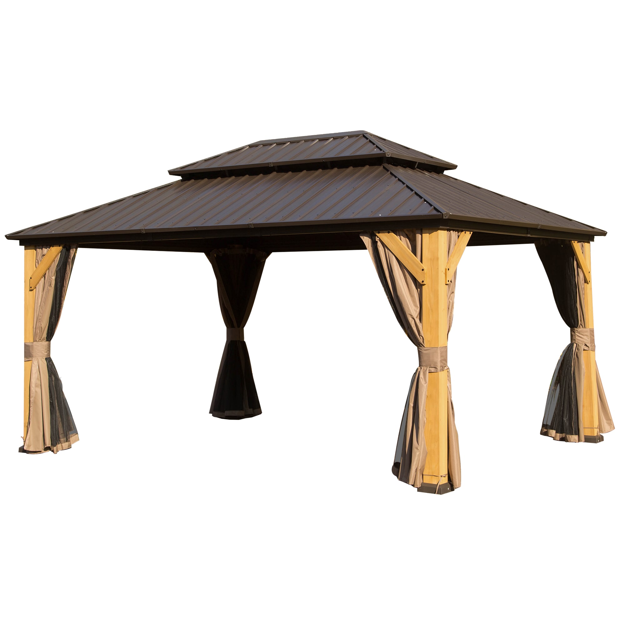 JIMSMAISON BOCPCG44BRO 14-ft x 10-ft Brown Gazebo with Hardtop Roof (Screen Included)