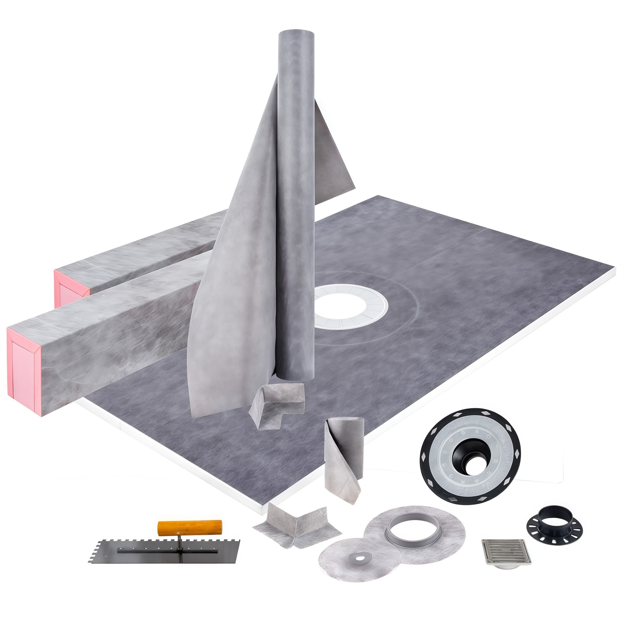 Numhew 48in x 72in Shower Curb Kit 2-Curb Gray Watertight Overlay with 4in PVC Central Flange and 4in Stainless Steel Grate