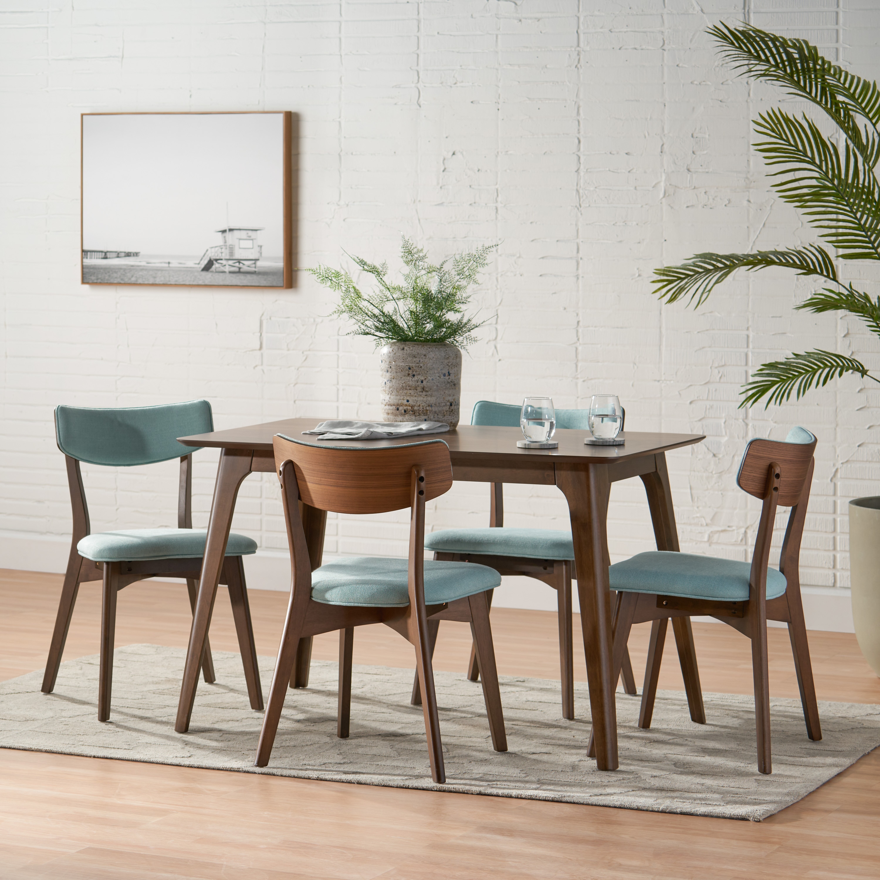 Christopher Knight Home 301334 Megann Mid Century 5 piece Wood Rectangle Dining Set-Natural Walnut + Mint