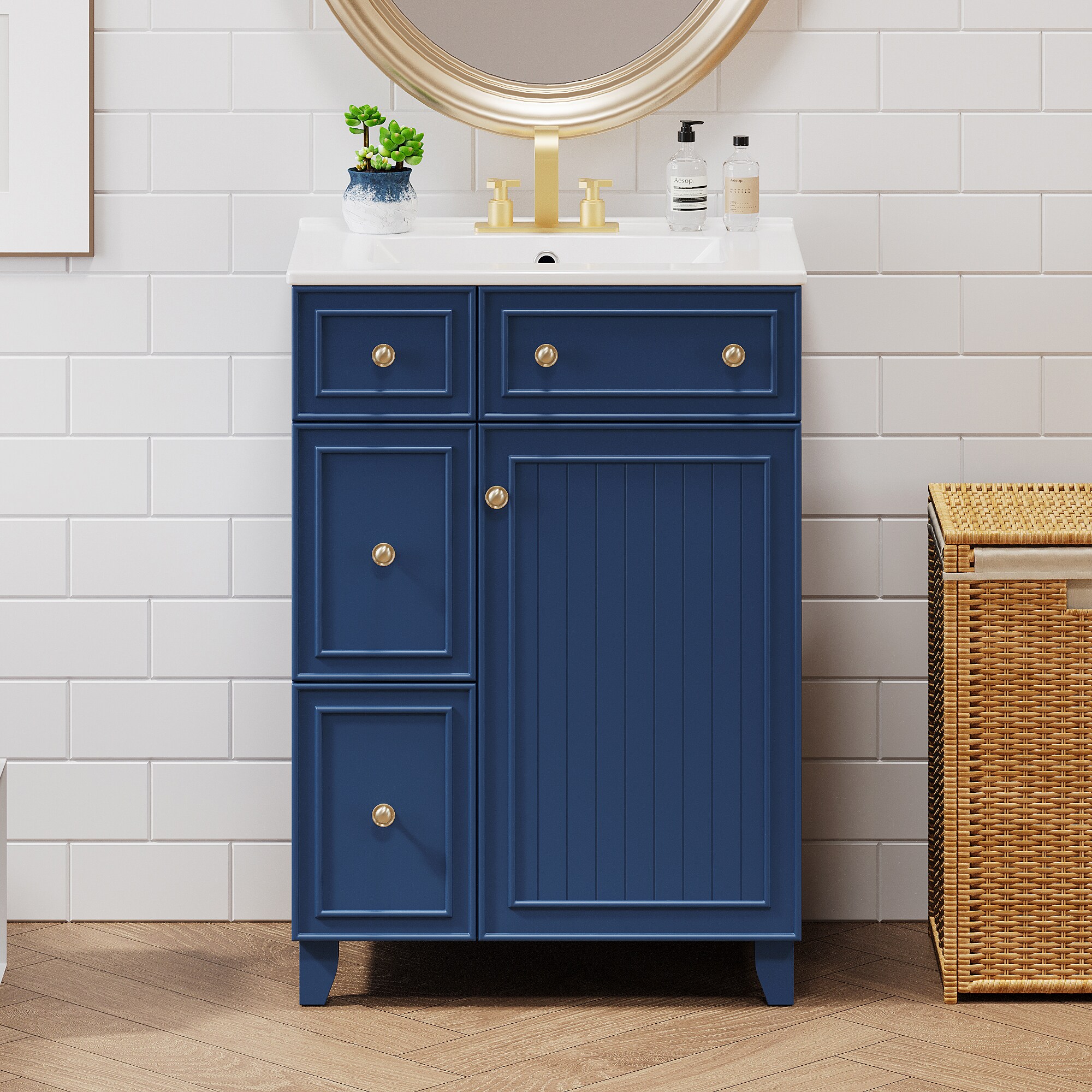 ES-DIY 24 Inch Blue Single Sink Bathroom Vanity with Ceramic Sink and Storage