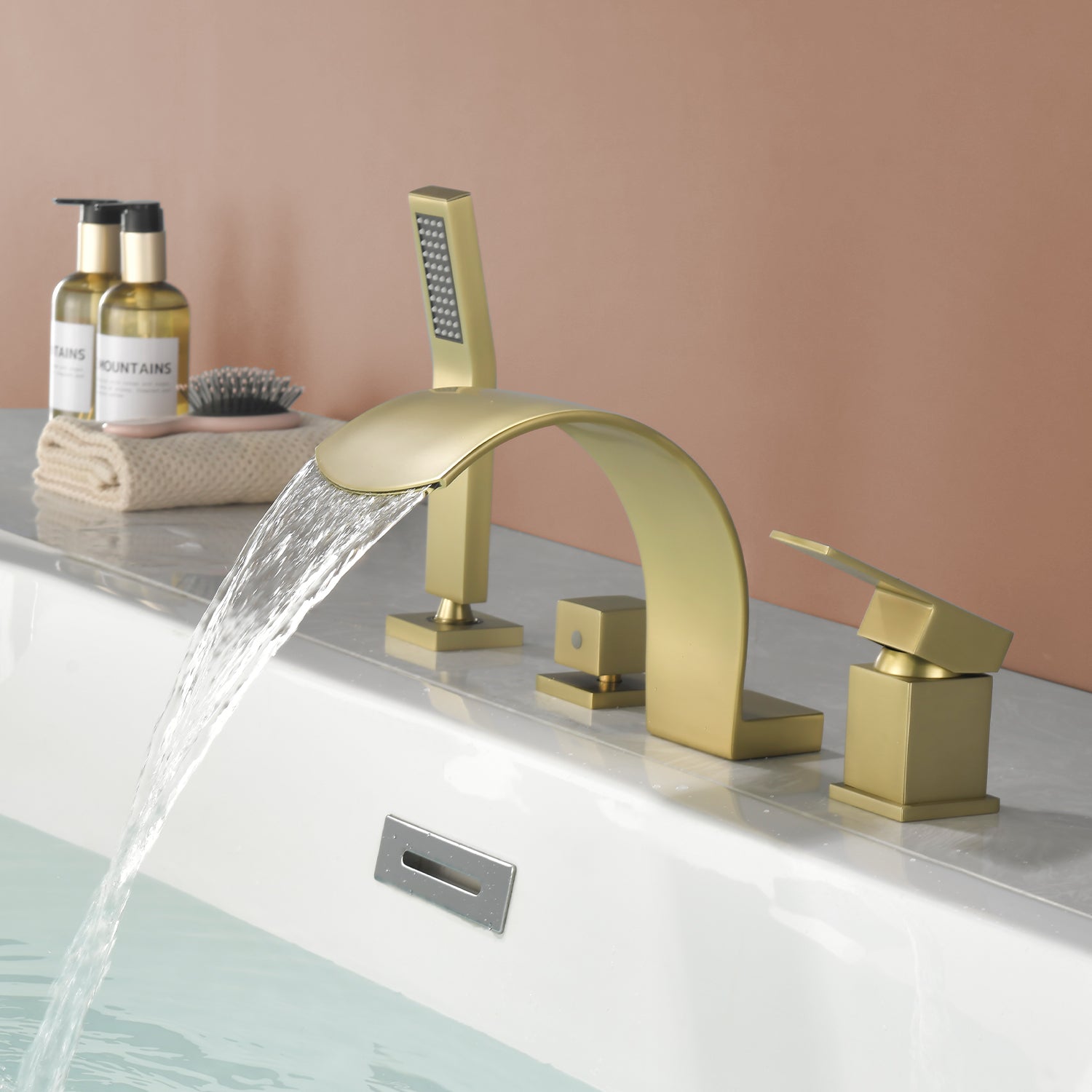 Boyel Living Brushed Gold Curved Cold and Hot Bathtub Faucet with Handheld Shower and Waterfall Outlet Single Handle Dual Control