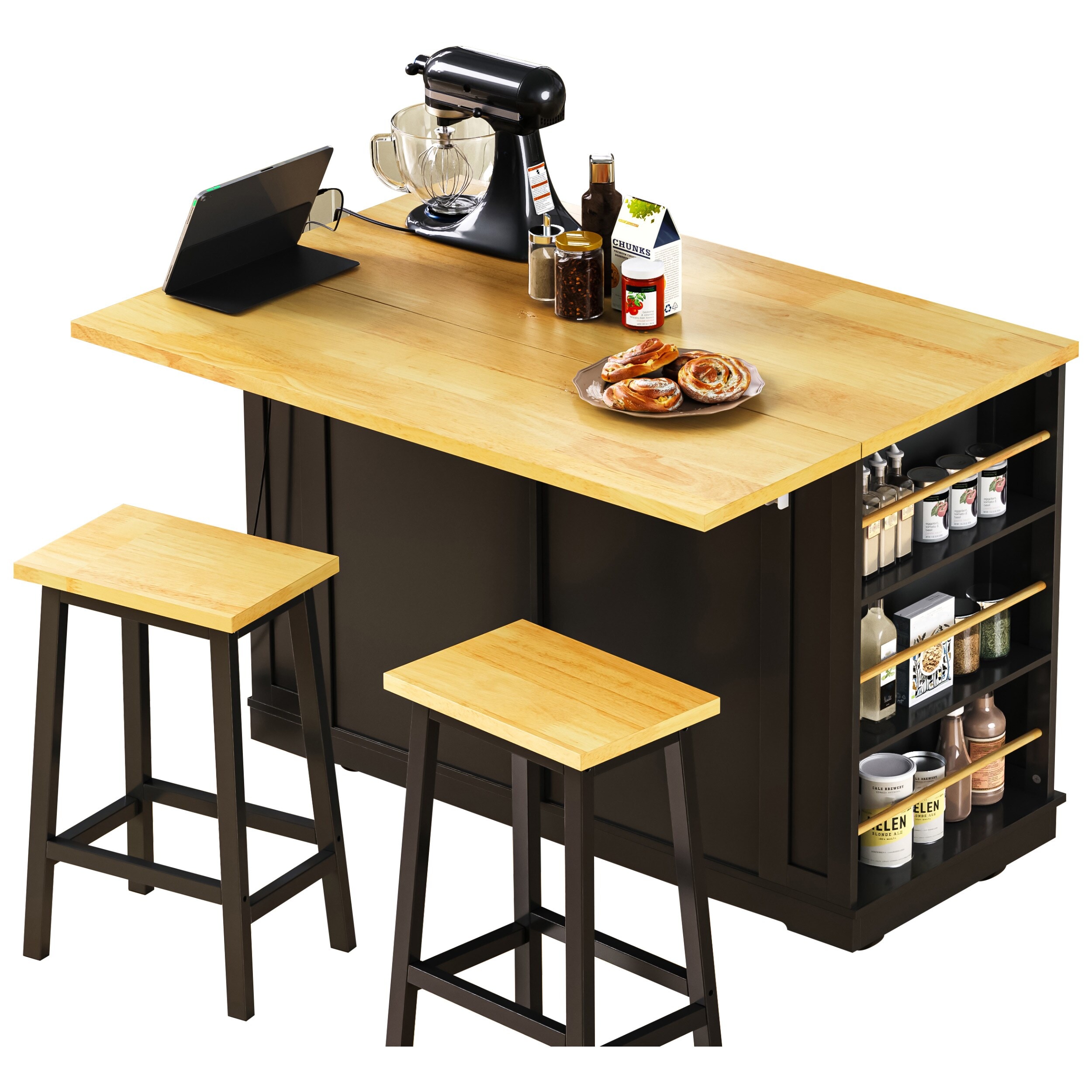 Rbied 65CABINET-21 Black MDF Base with MDF Rolling Kitchen Island ( 17.7 x 44.9 x 29.3 )