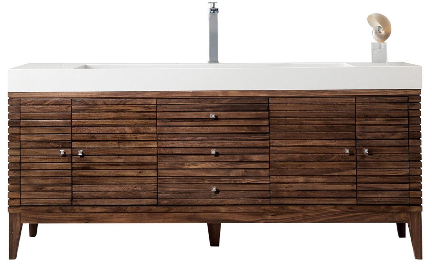 James Martin Vanities 210V72SWLTGW Linear 73-in Mid Century Walnut Single Sink Bathroom Vanity with Glossy White Solid Surface Top