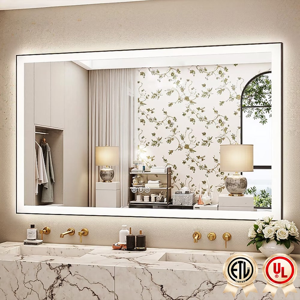 YQP 60x40 Inch UL Certified Front + Back LED Anti-Fog Tempered Glass Black Framed Bathroom Vanity Mirror