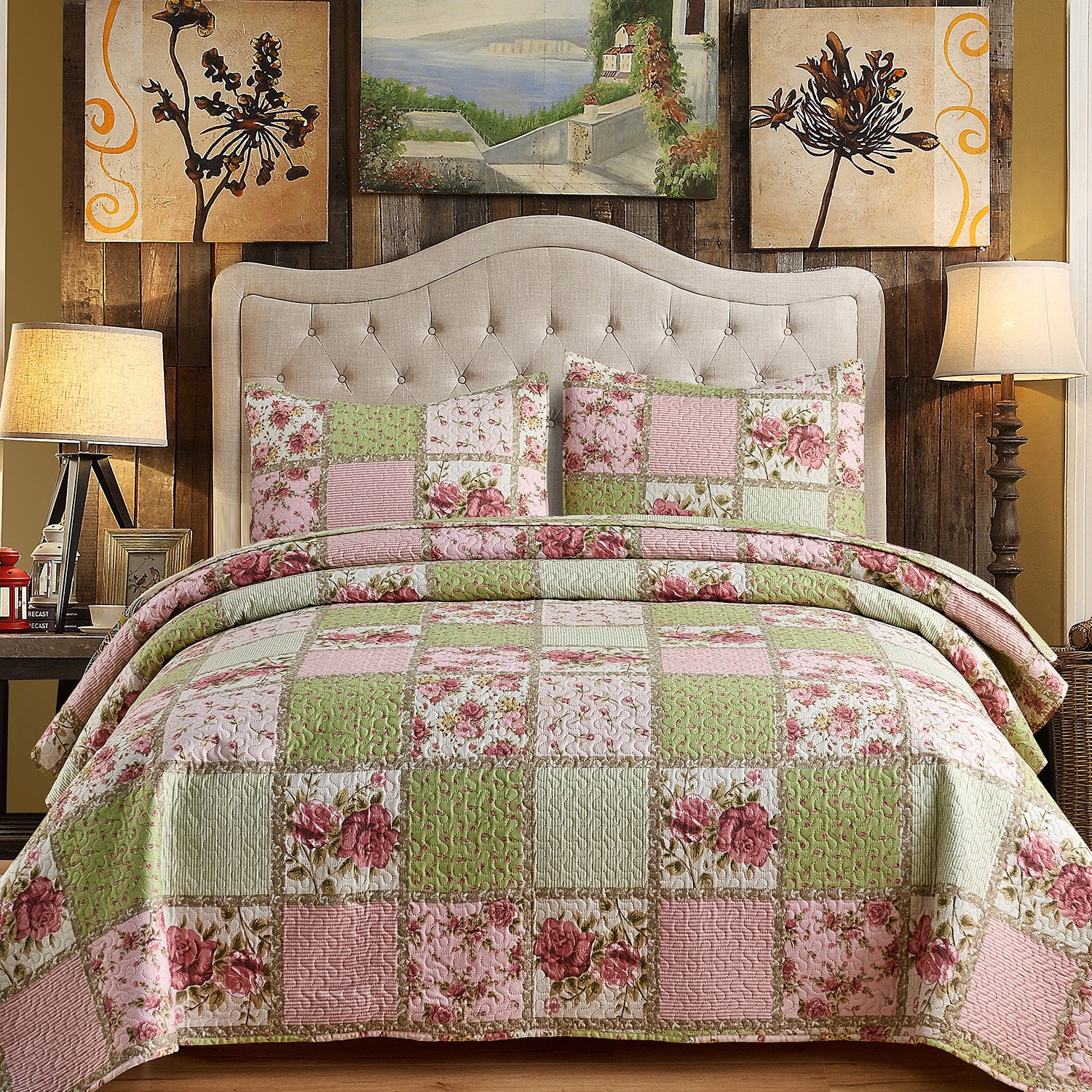 JML 3 Piece Microfiber Pink Patchwork Lightweight Reversible King Quilt Set