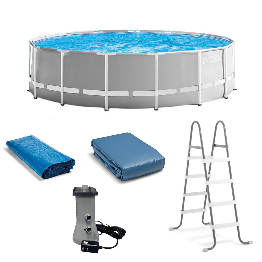 Ladder Intex 26741EH 15ft x 48in Greywood Premium Prism Steel Frame Outdoor Above Ground Swimming Pool Set with Cover Pump
