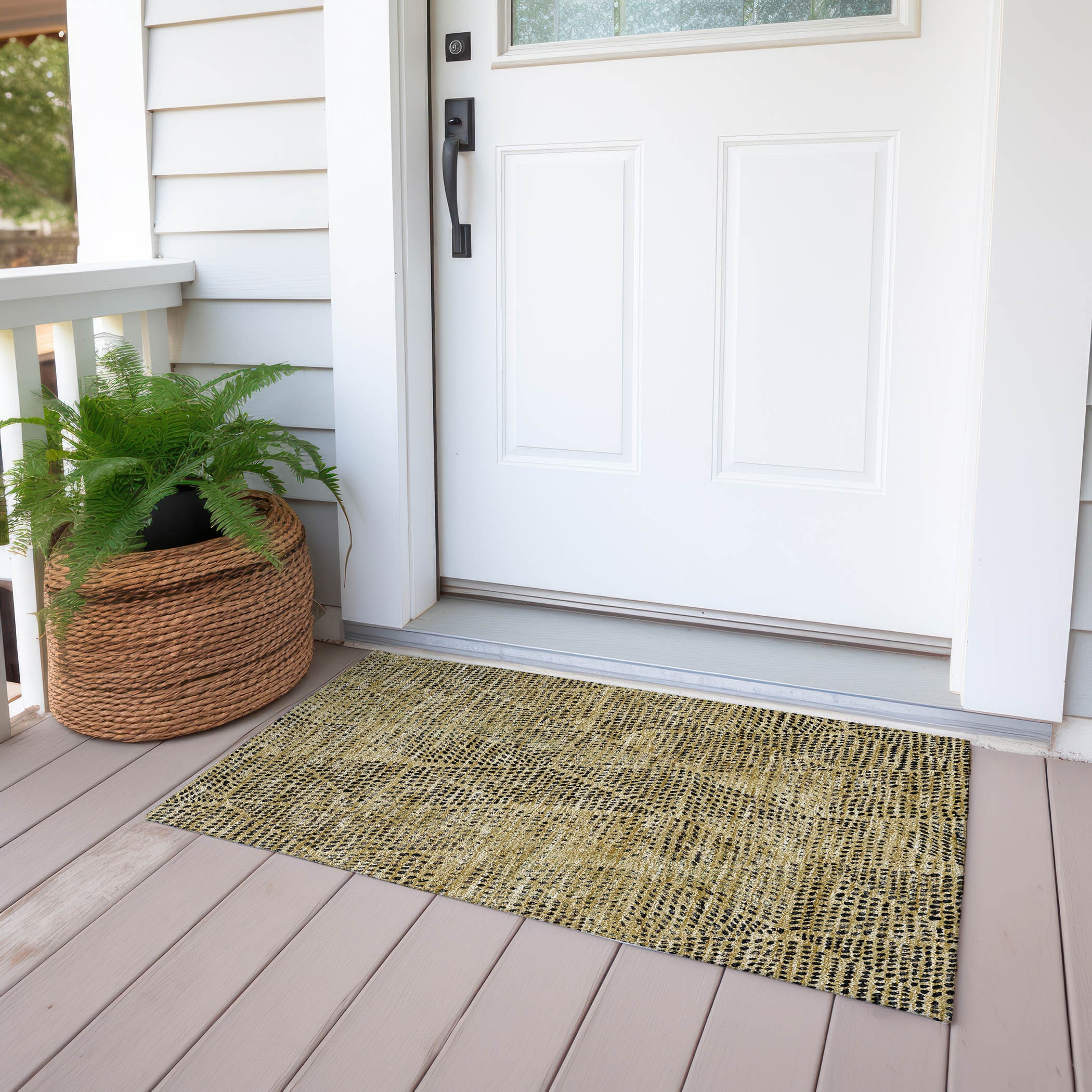 Gold and Black Diamond Pattern Washable Synthetic Rug