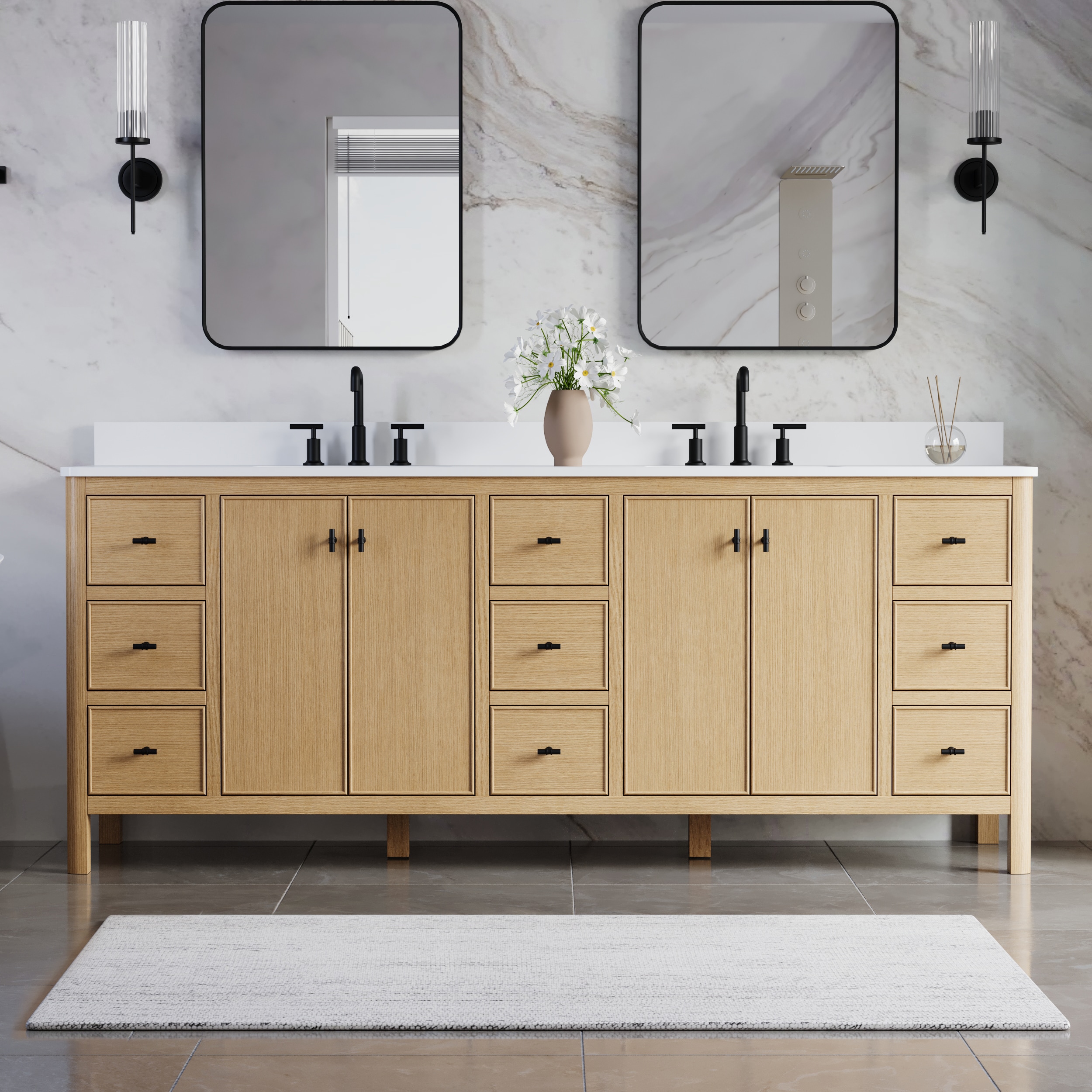 ANGELES HOME  84-in Freestanding Light Oak Solid Wood Bathroom Vanity With Quartz Countertop And Undermount Ceramic Double Sink Matte Blackd Handles(Fully Assembled)
