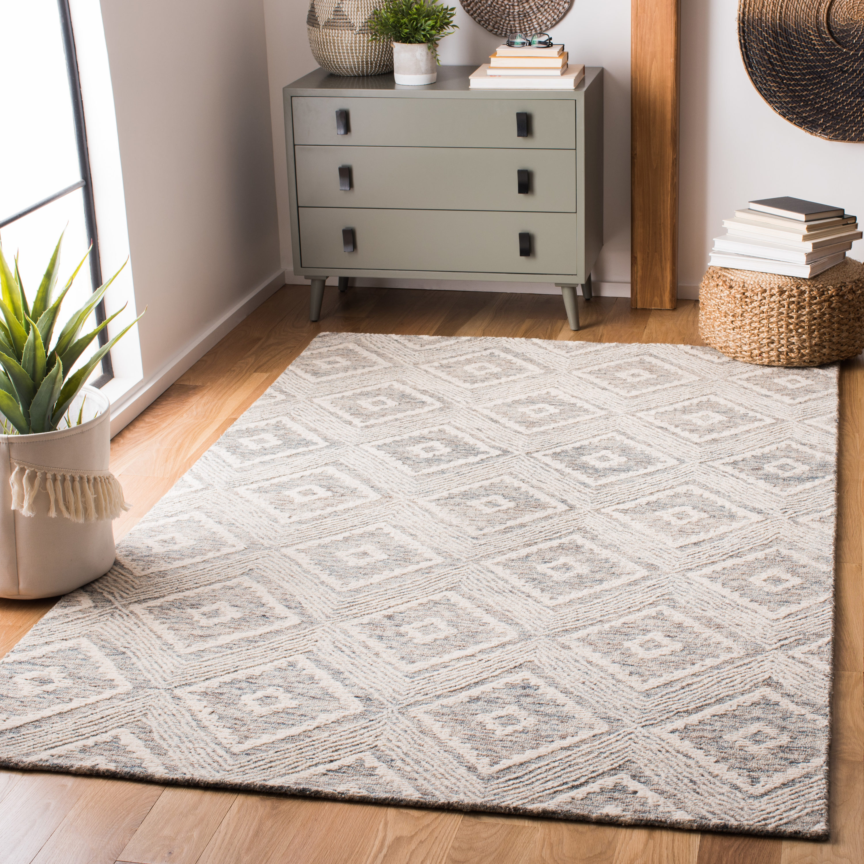 Ivory and Denim Abstract Tufted Wool Square Area Rug