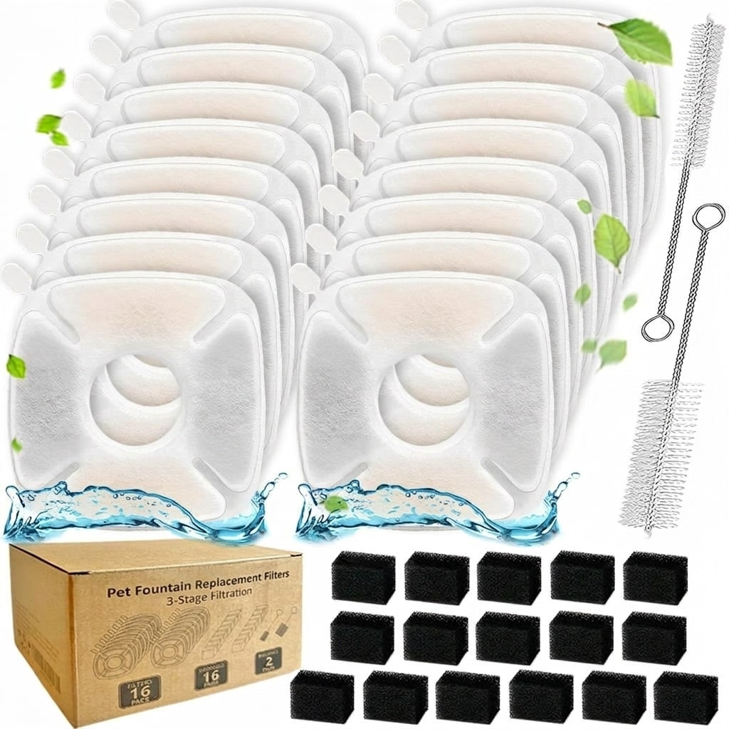Misopily  34 pcs Cat Fountain Filters Replacement for 95 oz 2.8 L 67 oz 2 L 135 oz 4 L Pet Fountain Triple Filtration with Cleaning Brush