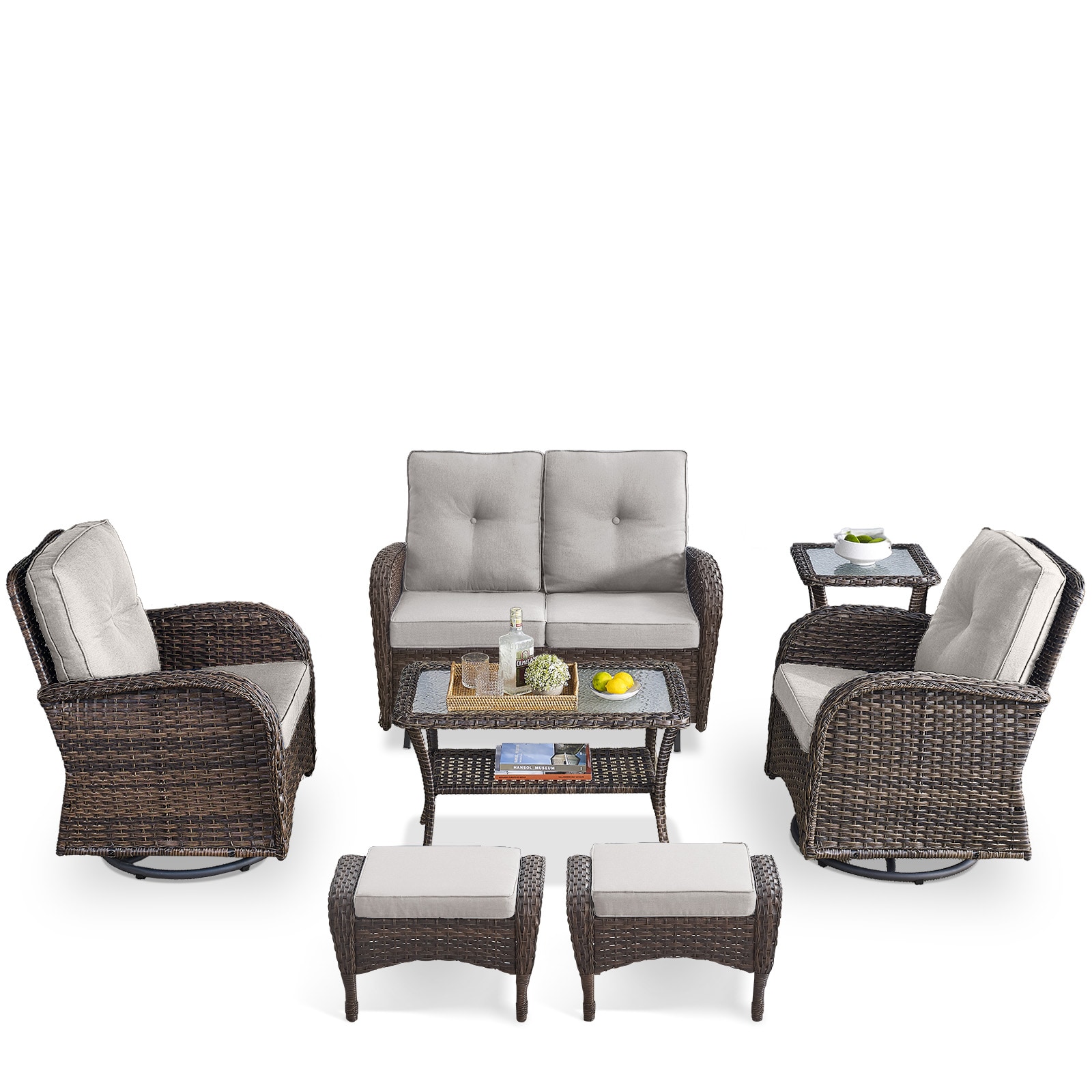 Rilyson FS115116R50085-2 7 -Piece Wicker Patio Sofa Conversation Set with Beige Cushions