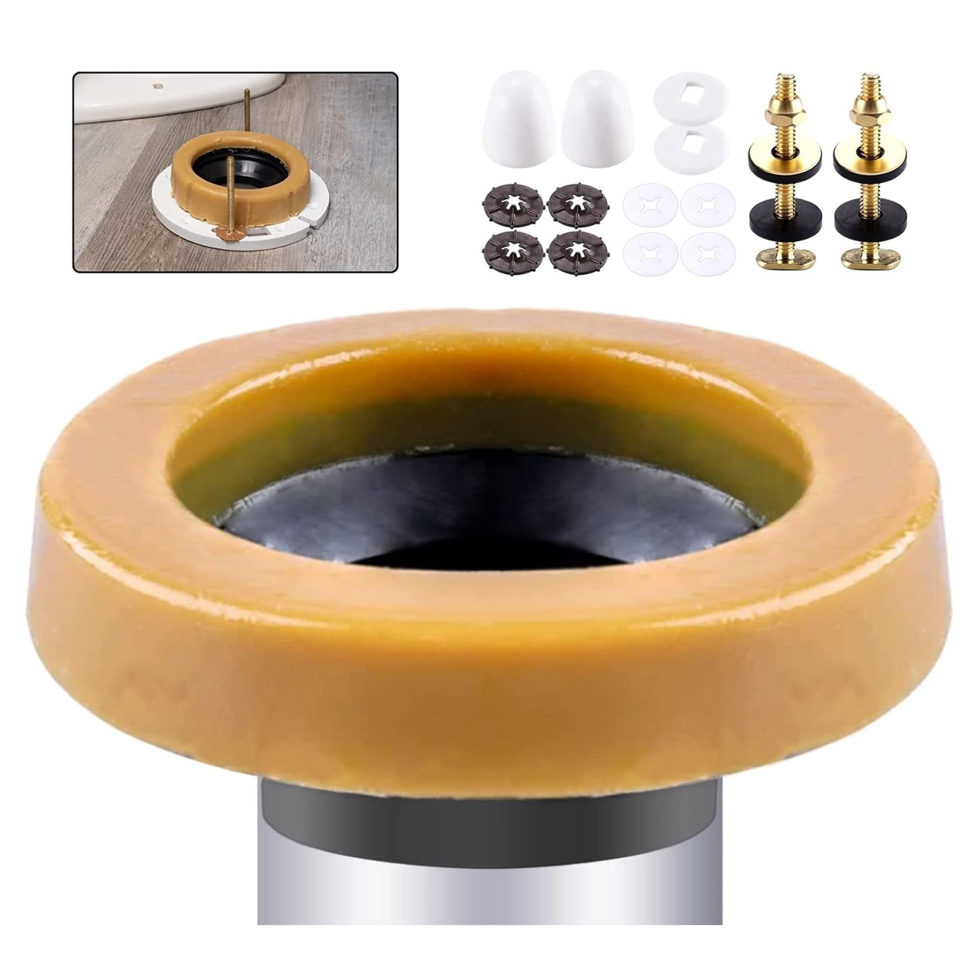 Numhew - 0.92in Thick 2-Piece Polyethylene Flange Wax Ring Kit with Brass Bolts Yellow Toilet Bow...