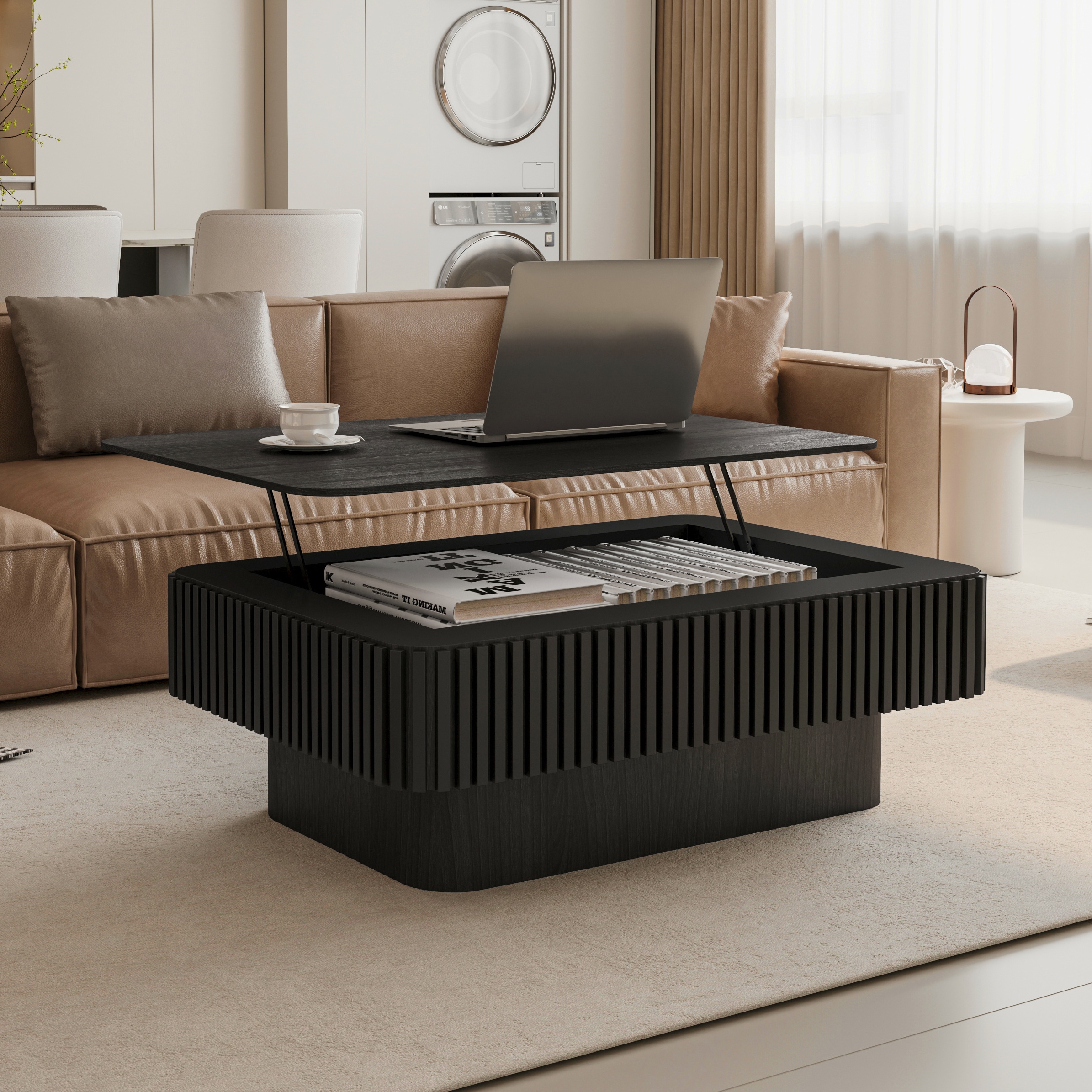 GDFStudio 342623 38.6 Inches Fluted Lift Top Coffee Table Solid Wood Veneered Modern Coffee Table Accent Tea Table with Storage and Adjustable Height For Living Room Bedroom Apartment Or office Black