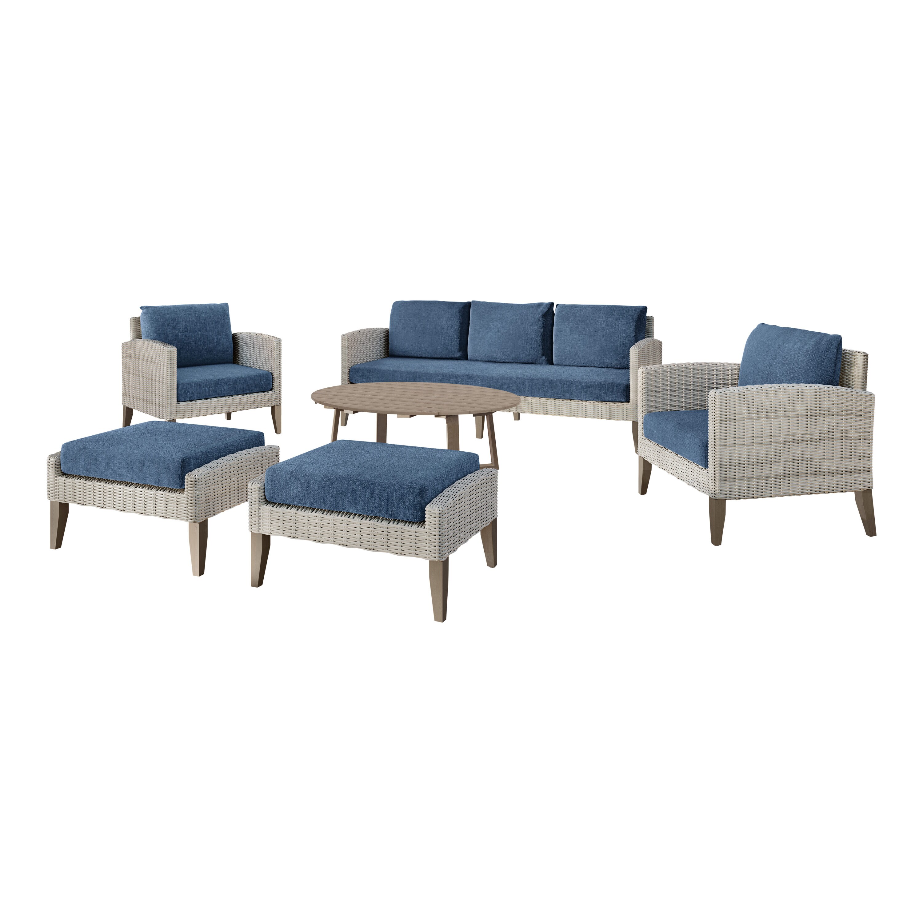 MANHATTAN SQUARE 60-852B-6P Carezza 6 -Piece Wicker Patio Sofa Conversation Set with Blue Cushions