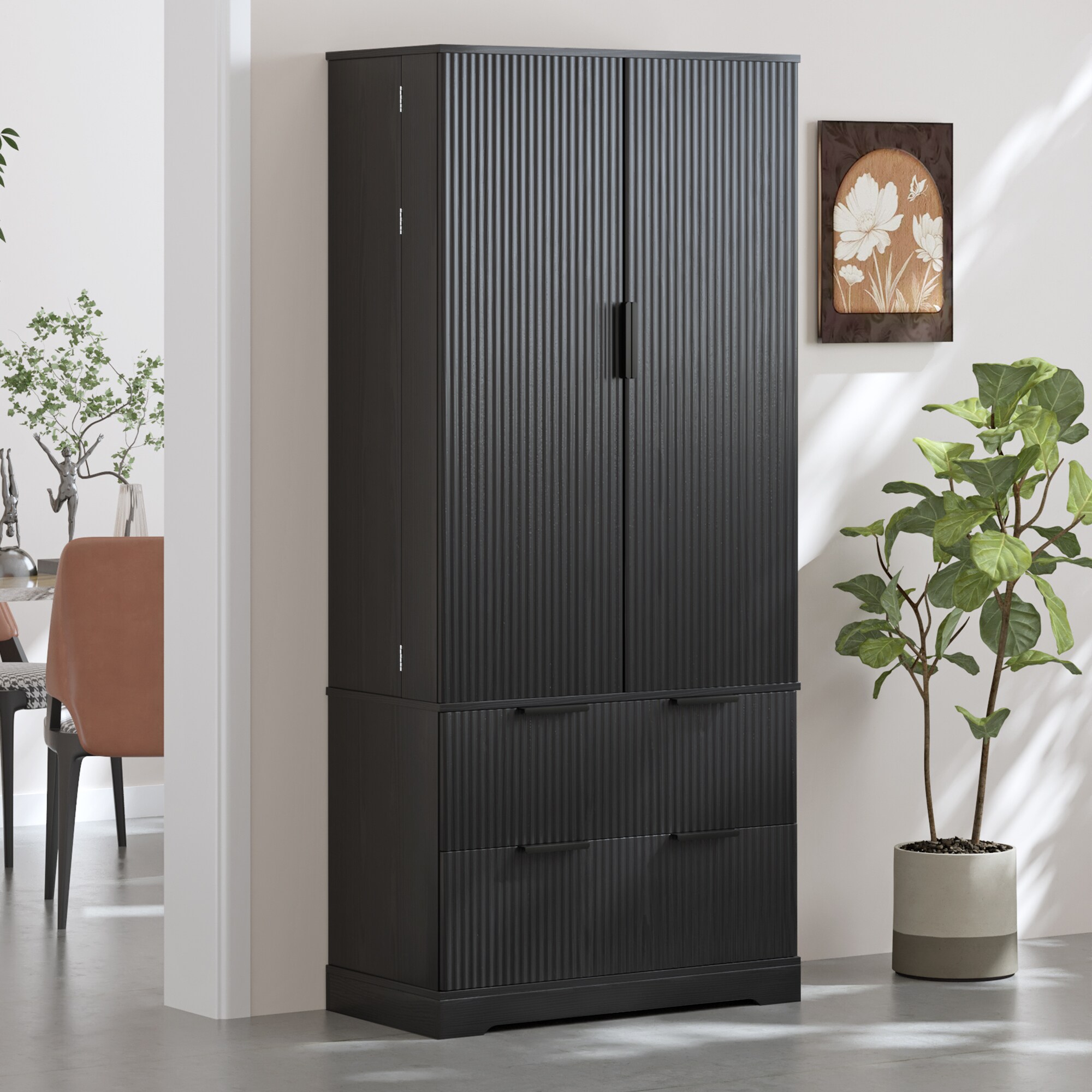 LOVMOR SF-M-W2917P294988 72inch Modern Fluted Kitchen Pantry Cabinet with 2 Large Drawers 8 Door Spice Rack Freestanding Storage Organizer for Bathroom Dining Room Office Entryway Black