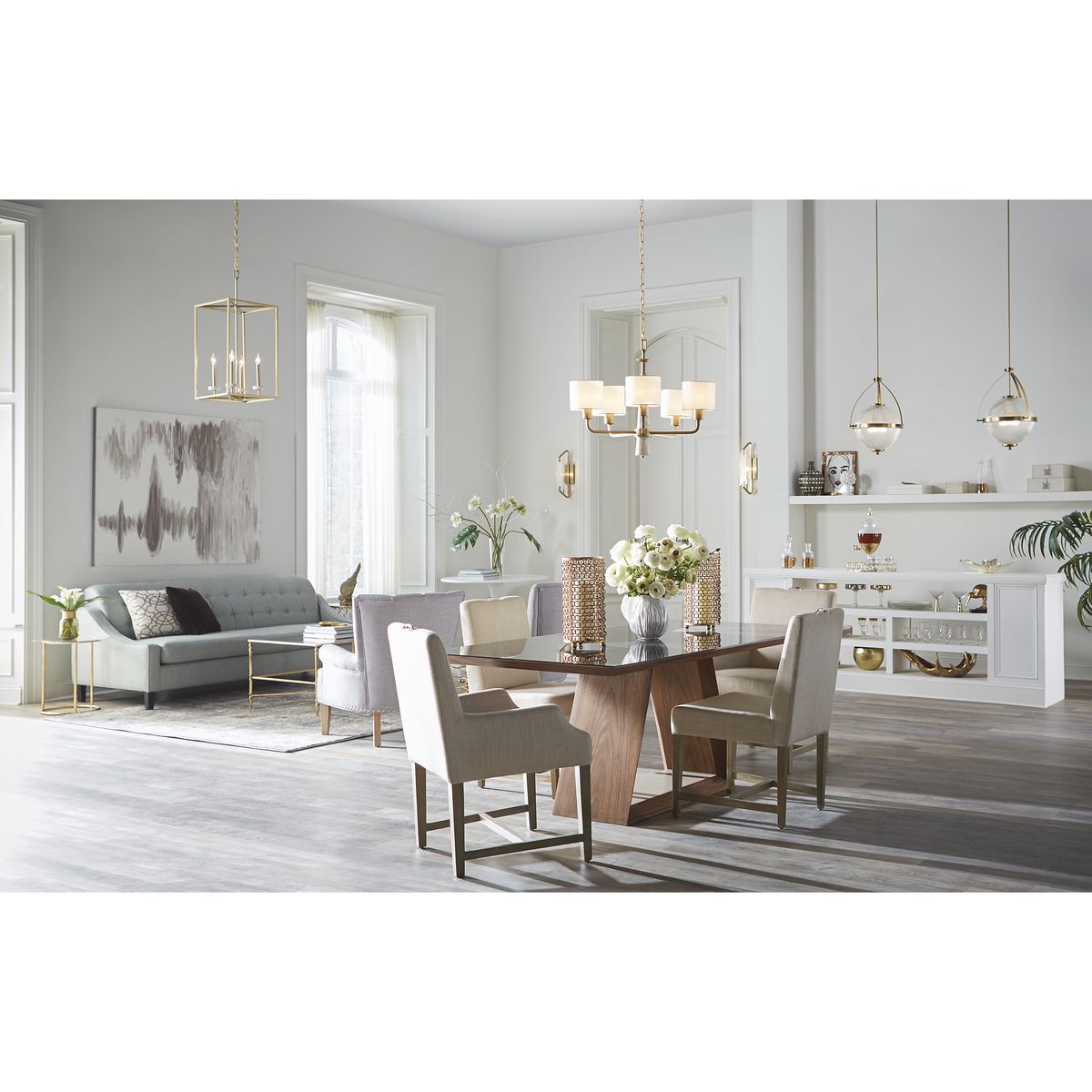 Palacio Vintage Gold Chandelier with White Silk Shades