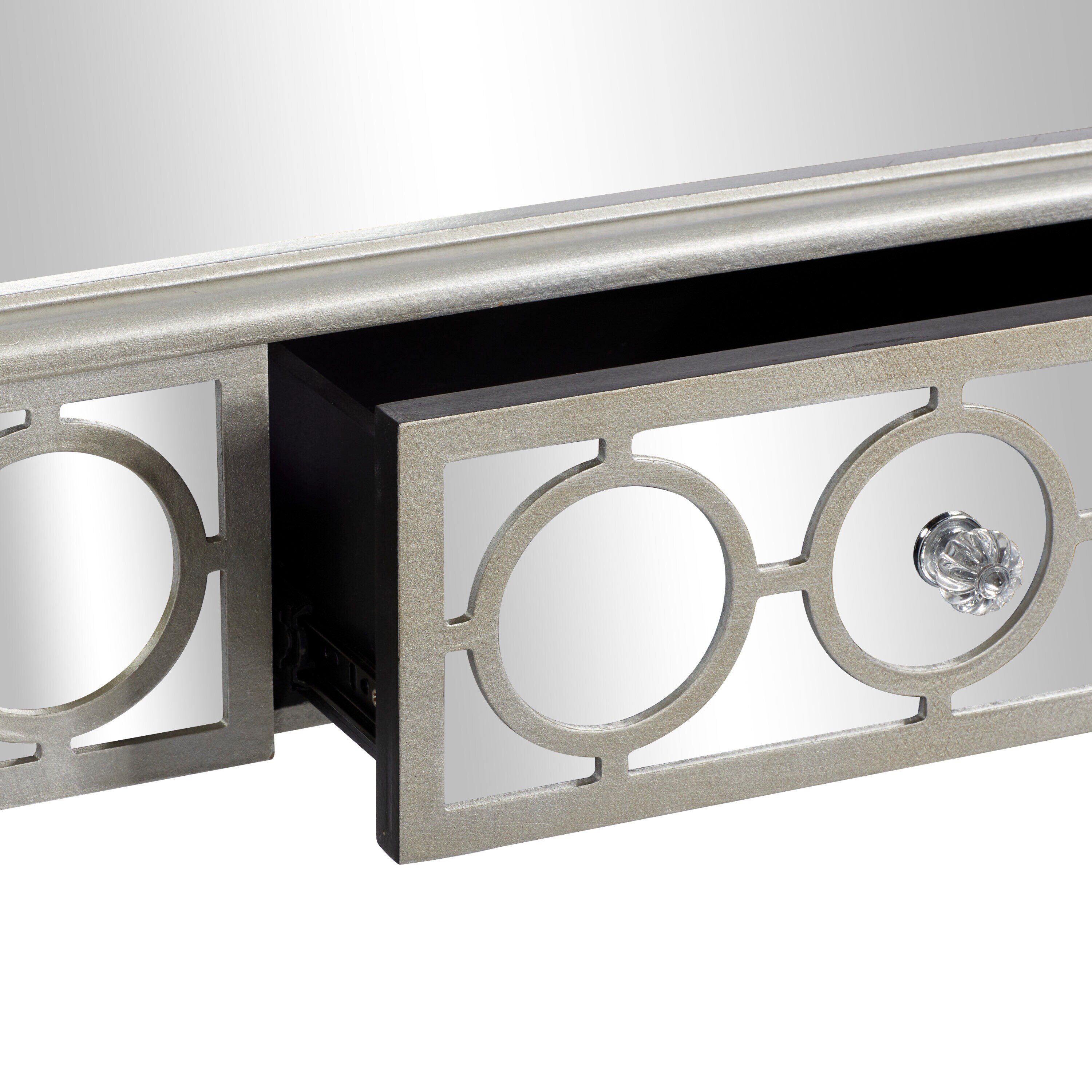 Silver Mirrored Wood and Glass Console Table with Storage