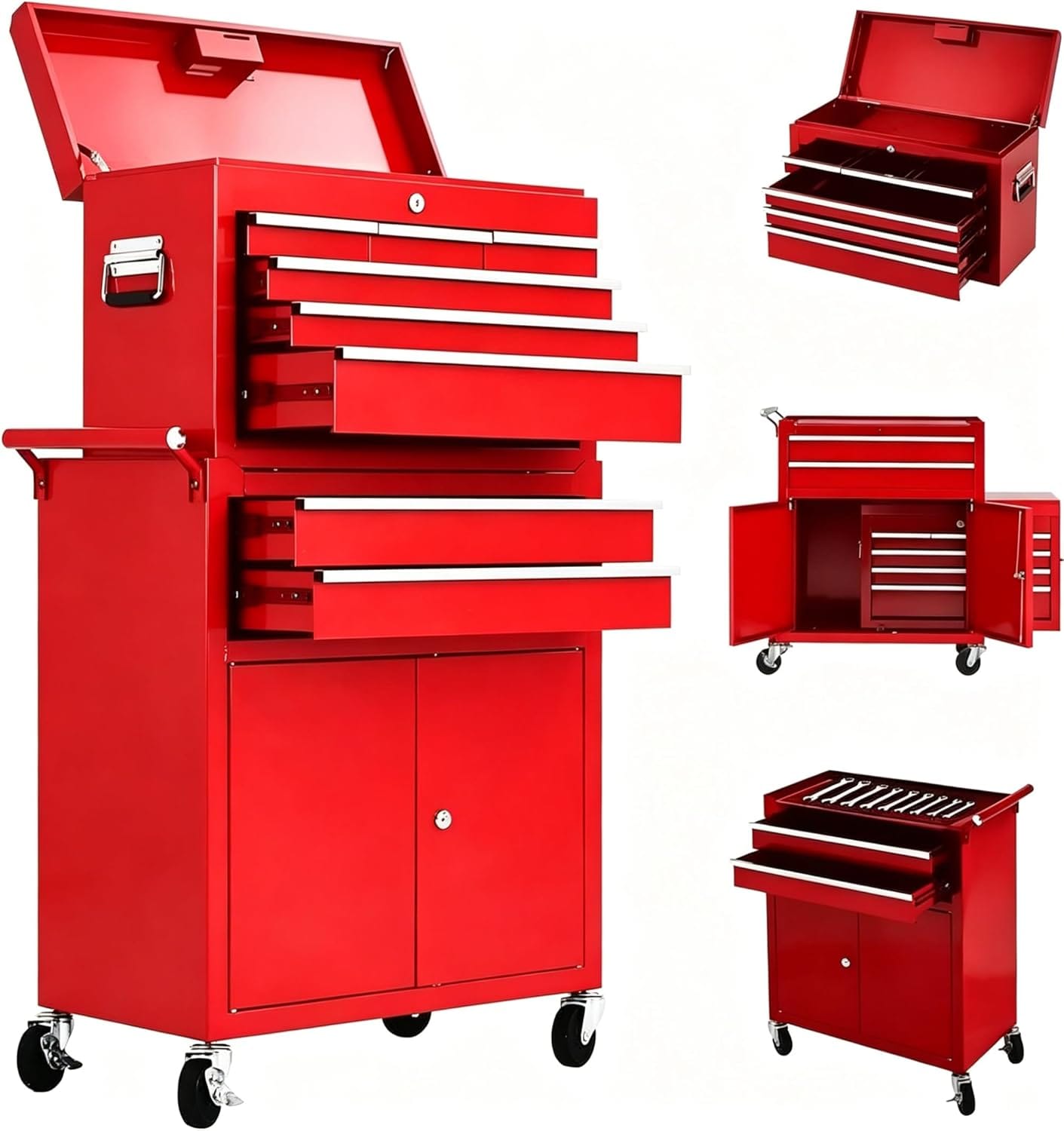 GAOMON Heavy duty rolling tool chest 8 drawer 2 in 1 detachable metal tool box cabinet with locking wheels red #BTC281830031