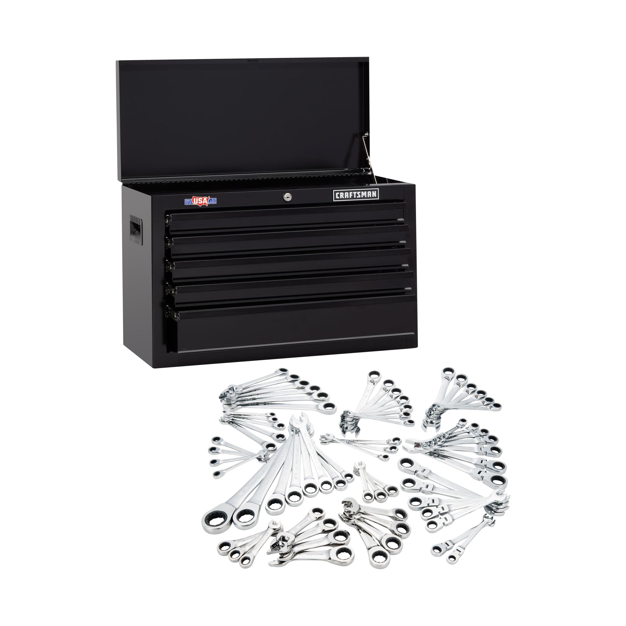 CRAFTSMAN 1000 Series 26-in W x 17.25-in H 5-Drawer Steel Tool Chest (Black) & 67-PC Ratcheting Wrench Set