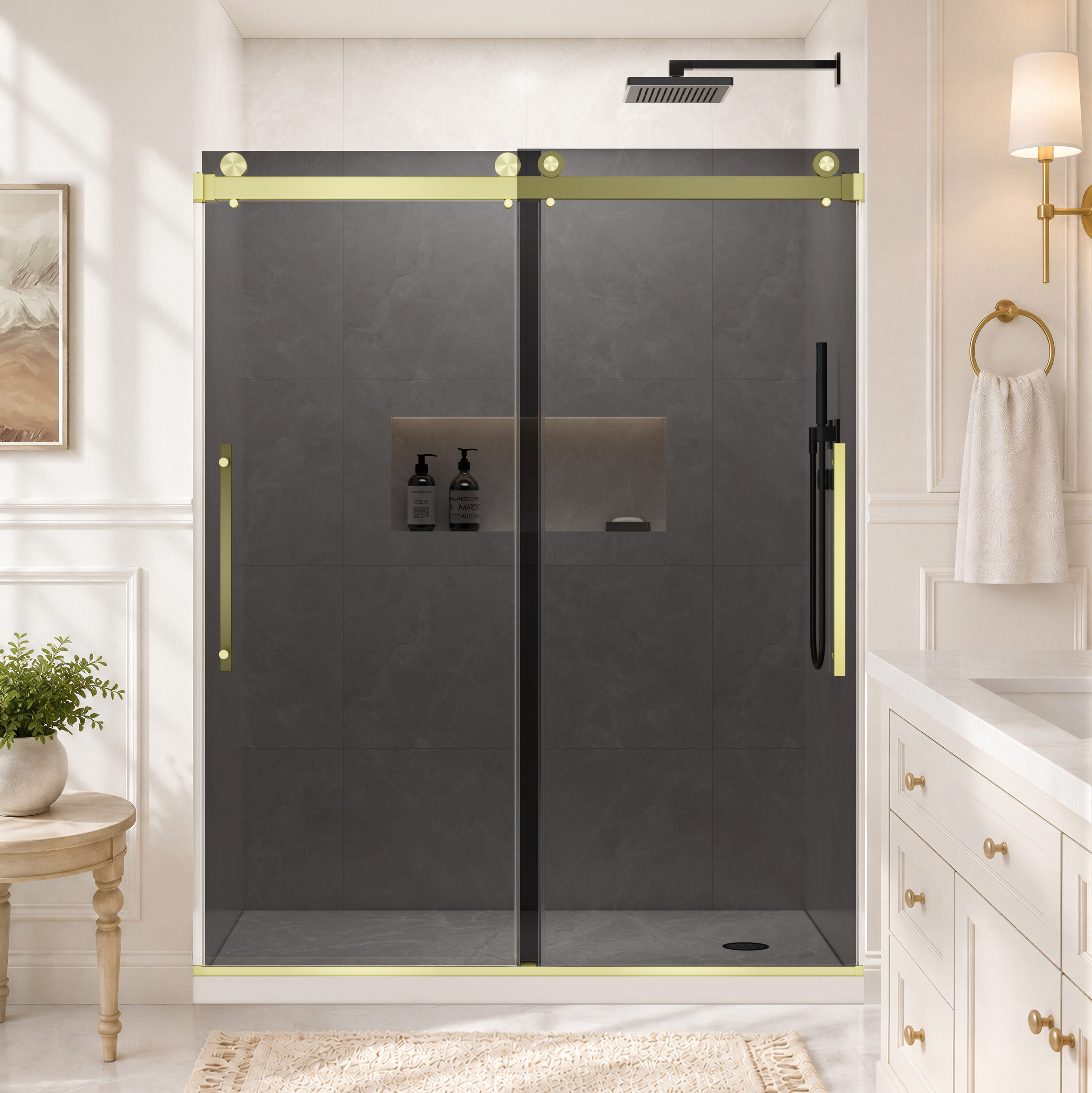 Velusian 56 in. - 60 in. W x 74 in. H Double Sliding Frameless Shower Door in Brushed Gold with Gray Tempered Glass