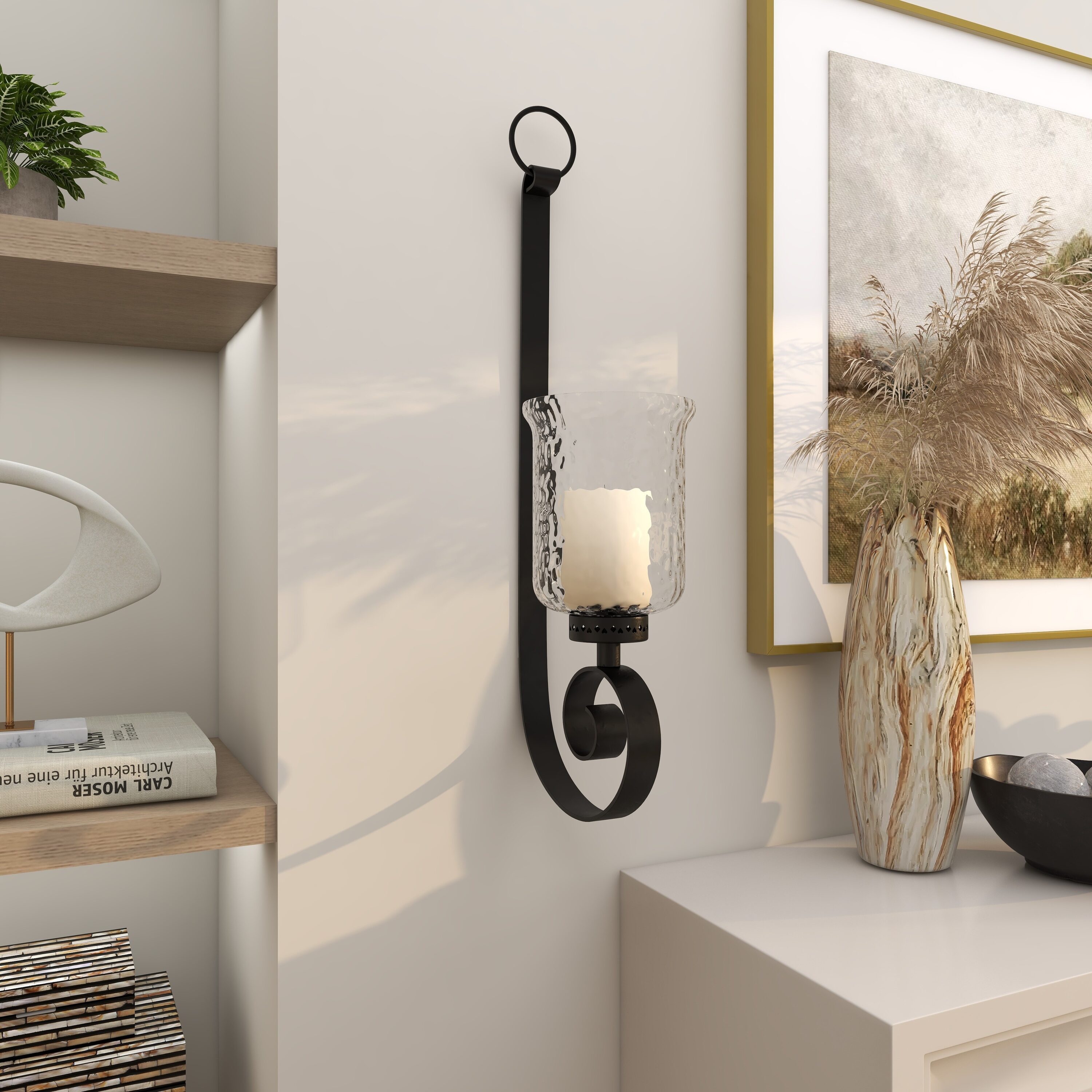 Elegant Black Metal and Glass 31" Handcrafted Pillar Wall Sconce