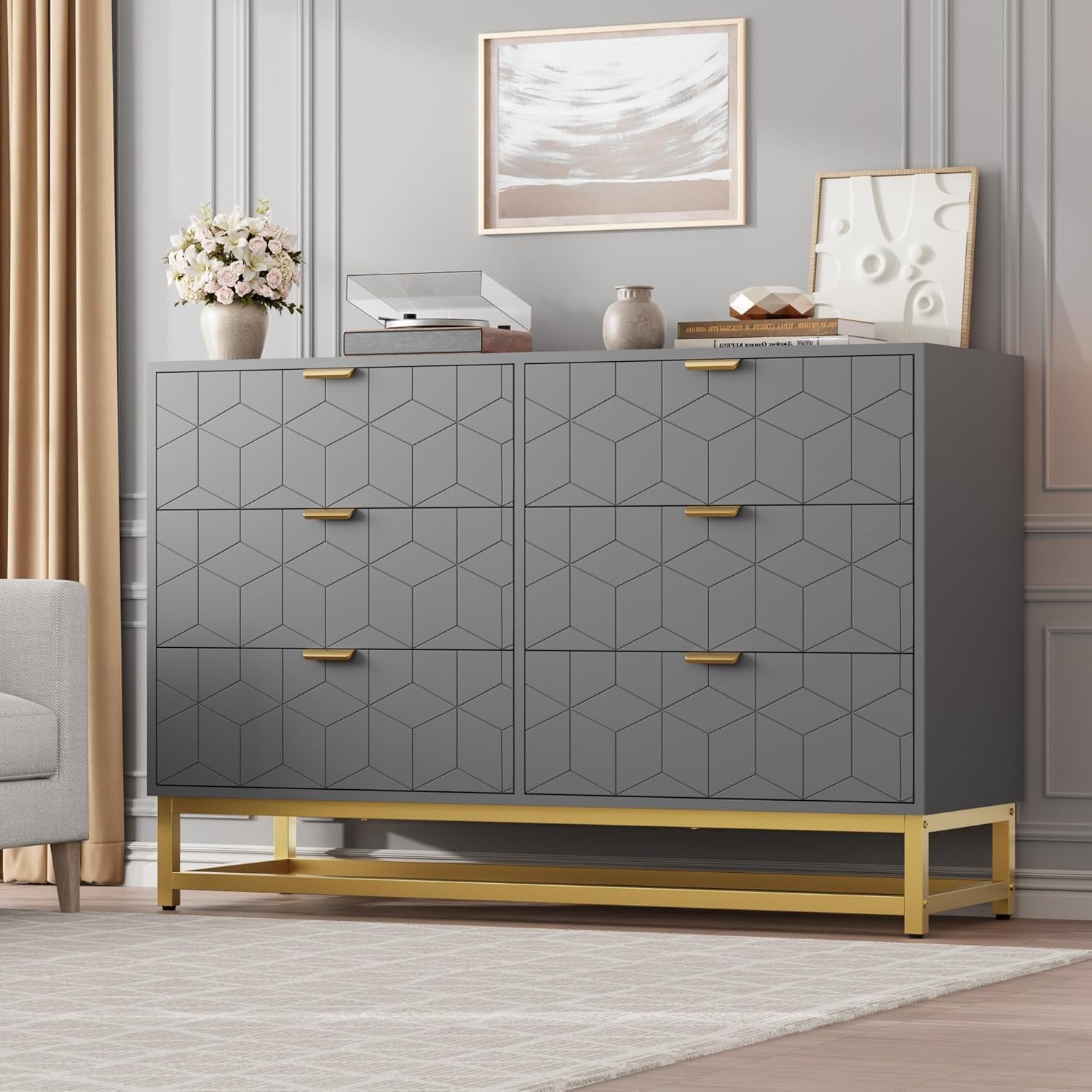 Qeetex GG-W546F032 47.2 Inch Wide Modern 6 Drawer Dresser Wide Chest with Gold Metal Legs and Handles Wood Storage Organizer for Bedroom Living Room Hallway Grey