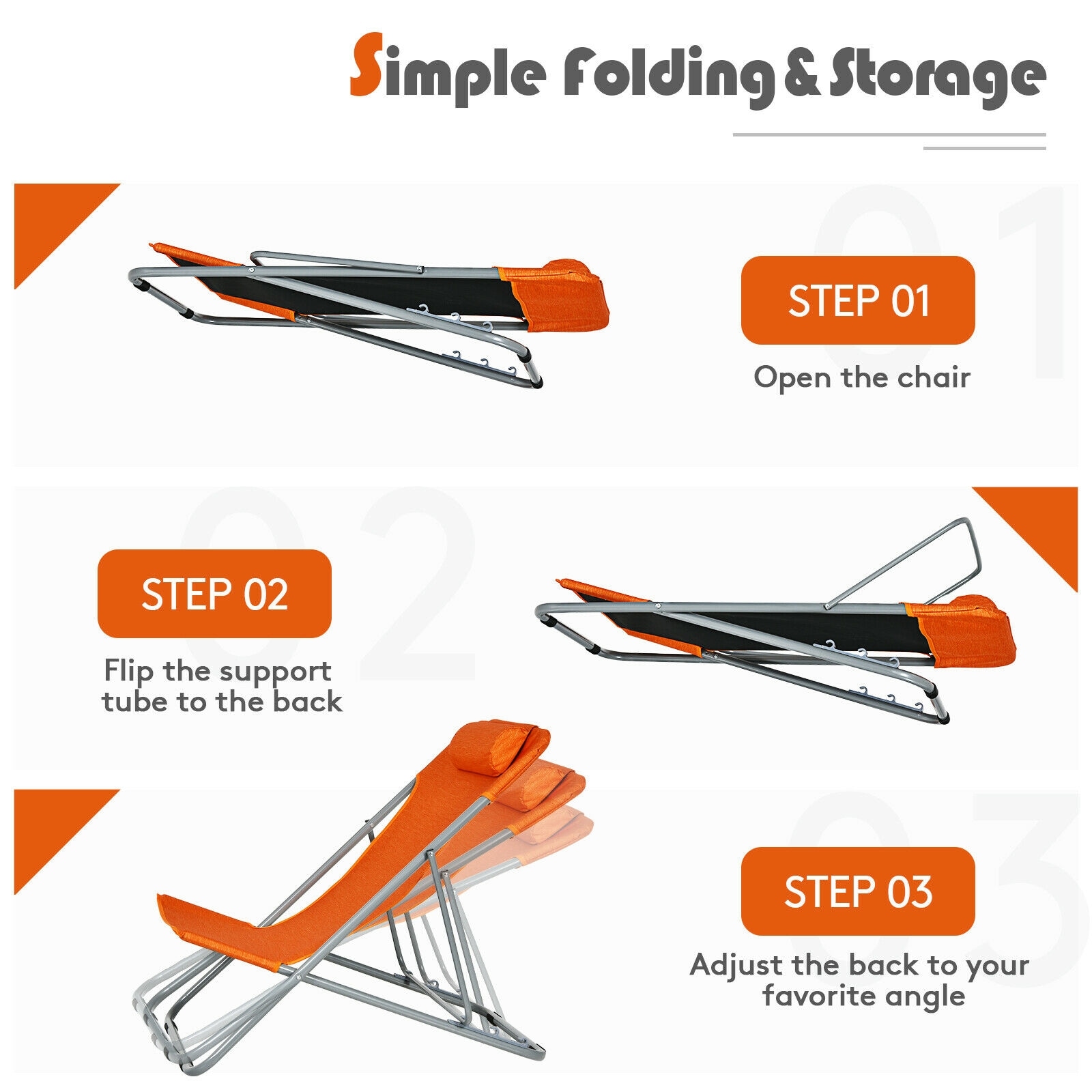 Orange Folding Beach Lounger Set with Adjustable Backrest