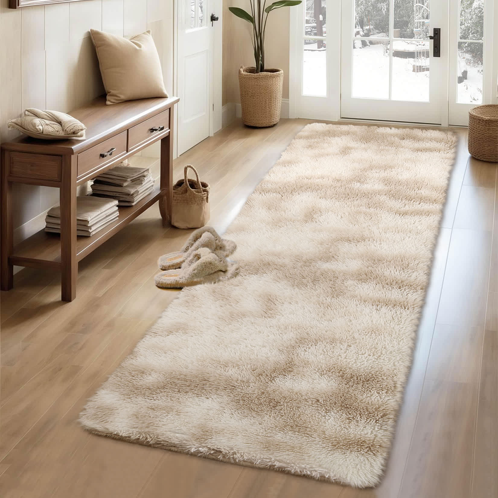 Qeetex SUNNY-PHO-0PW2VAEL 2 x 8 ft Polyester Tie-dye Light Brown Rectangular Indoor Solid Modern Fluffy Soft Non Slip Runner Rug