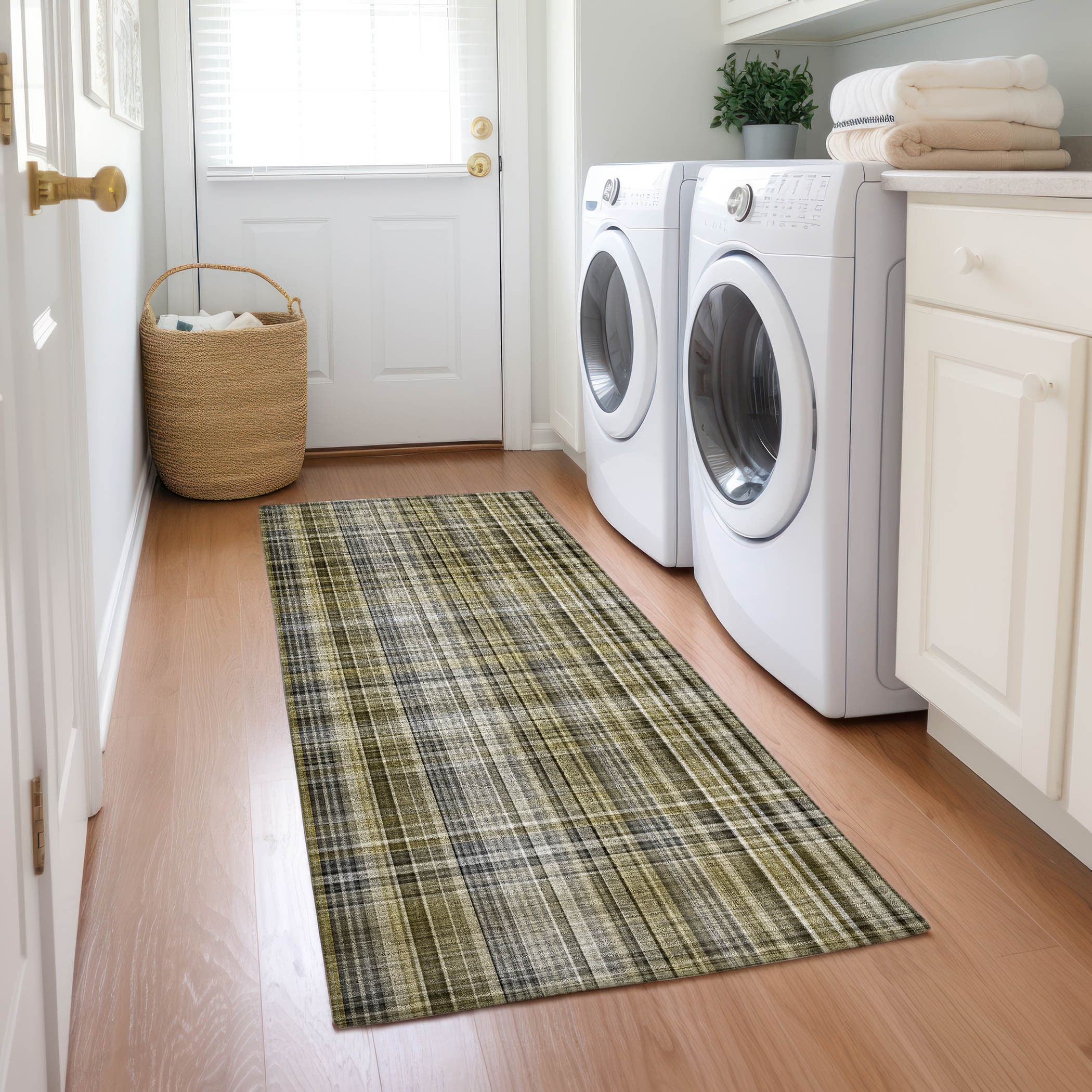 Taupe Plaid Machine Washable Indoor/Outdoor Runner Rug