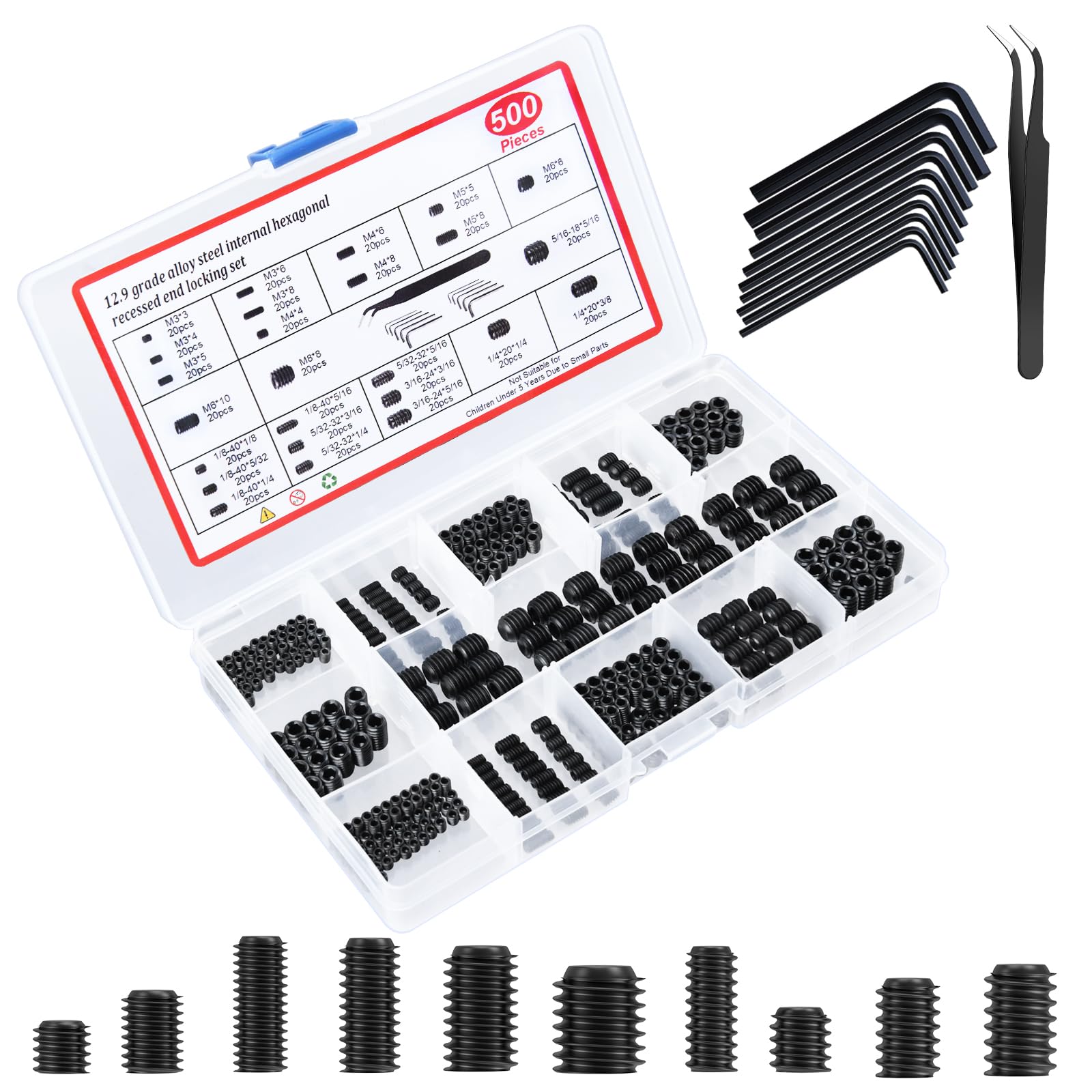 JVFCXXV  500 Piece Set Screw Assortment Kit Black Alloy Steel Hex Socket Screws Metric and SAE Sizes for Bathroom Fixtures Door Handles and