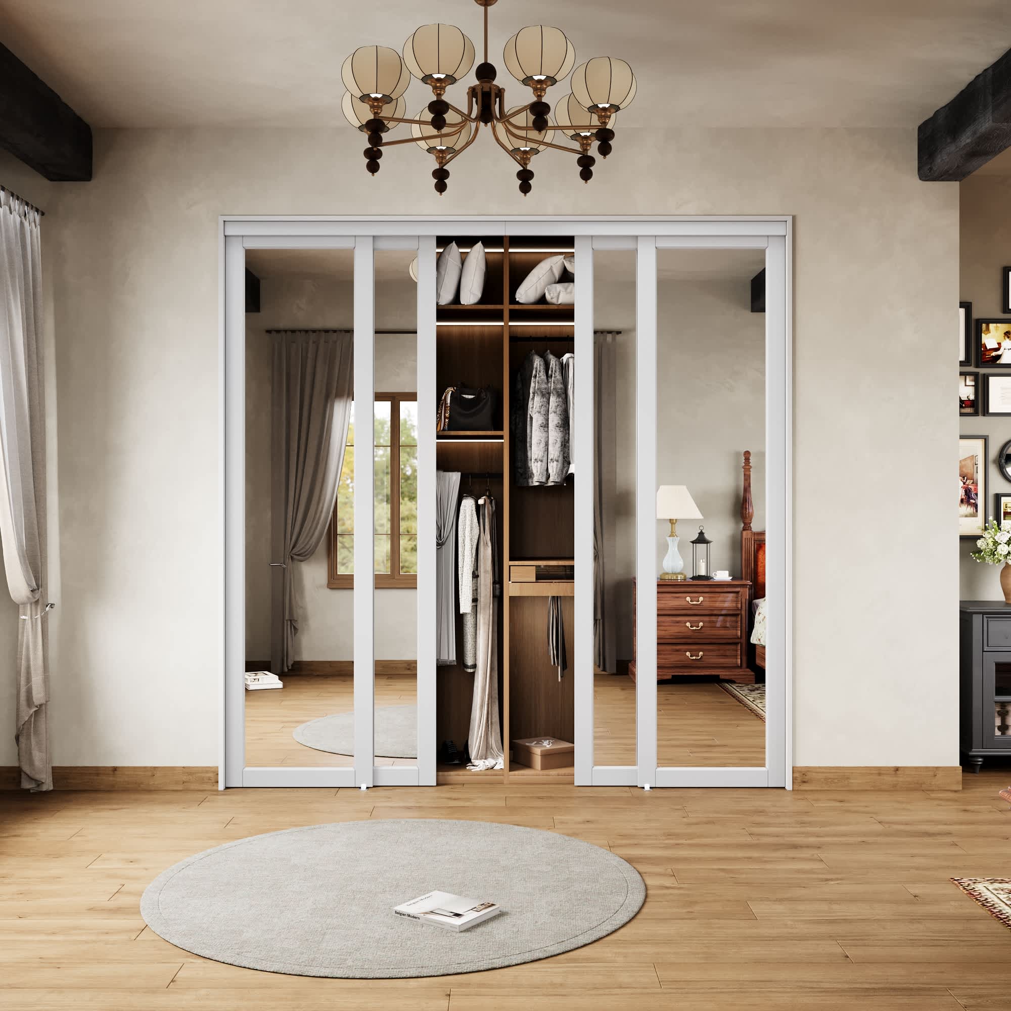 HYALON - Closet Sliding Door Solid MDF Core 1 Lite Mirrow White Pre-Finished Composite with Hardw...