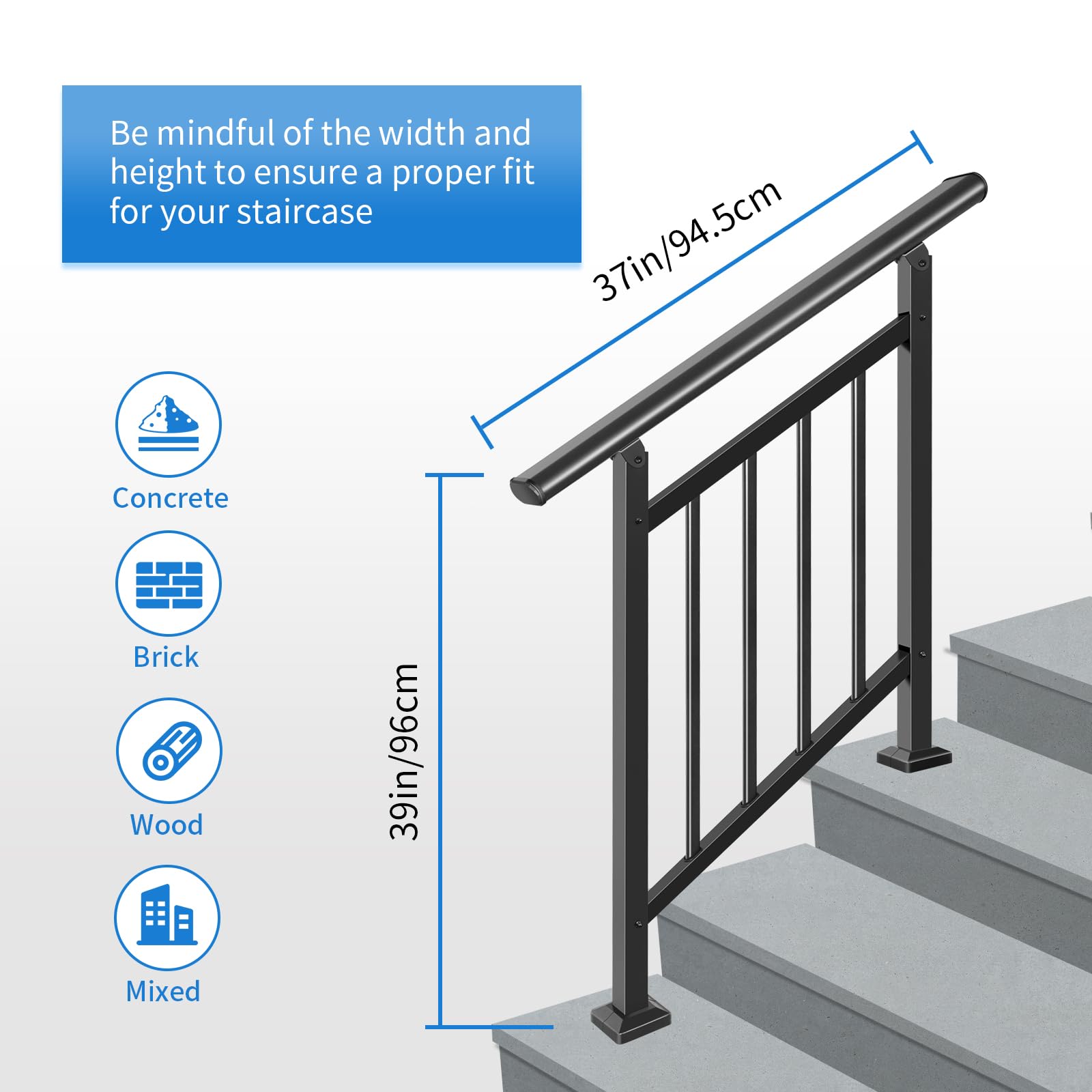 Phewnyzo Adjustable 2 in 1 3 Step Stair and Horizontal Handrails Black ...