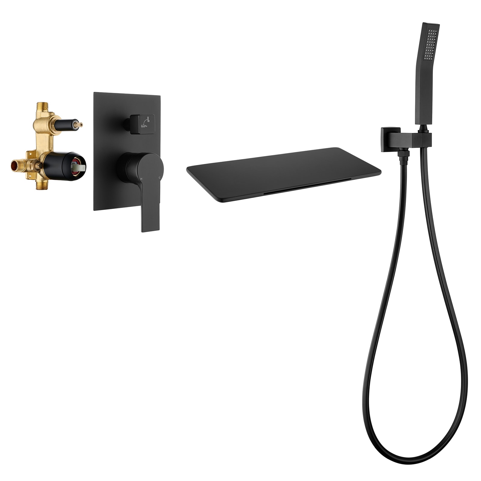 Cobbe LSSSSFJ0300B Black 1-handle Wall-mount Waterfall Bathtub Faucet with Hand Shower ( Valve Included )