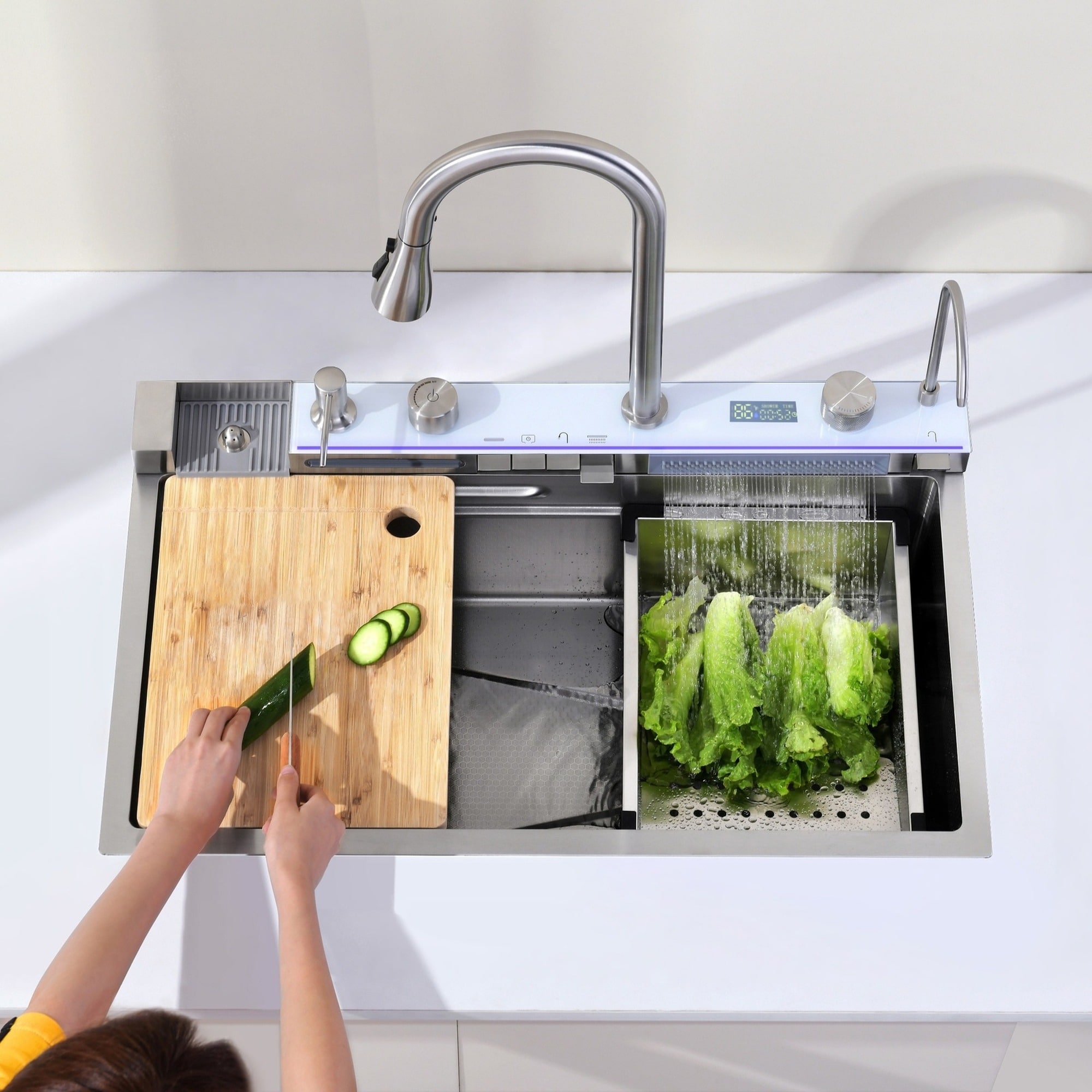 IAK 30 inch x 18 inch x 9 inch Dark Gray Stainless Steel Kitchen Sink with Smart Control and Pull-Out Faucet