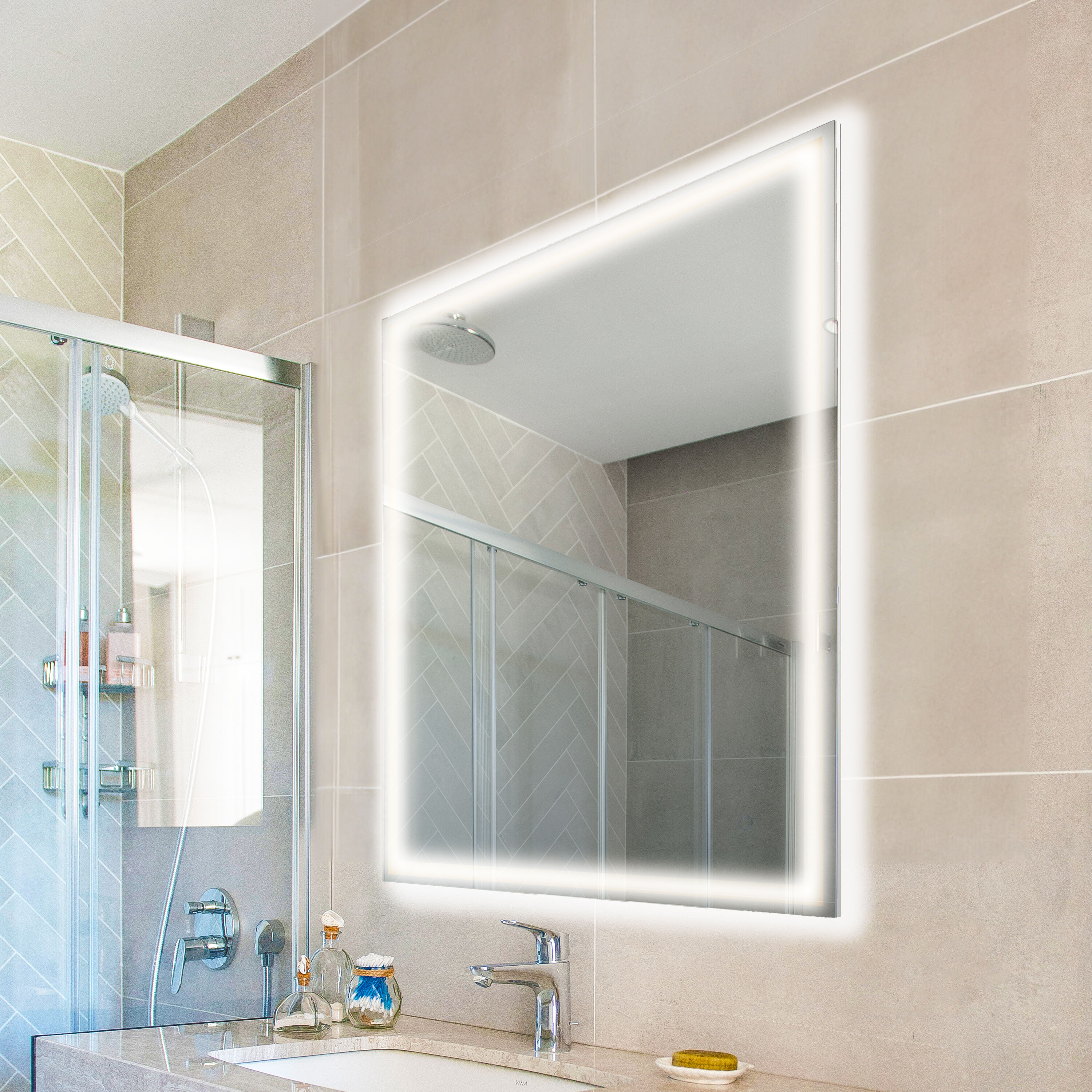JONATHAN  Y MIR100A-3838 Pax LED Front/Back-Lit Smart Touch 38-Inches x 38-Inches Polished Frameless Square Dimmable LED Lighted Fog Free Bathroom Vanity Mirror ( Silver )