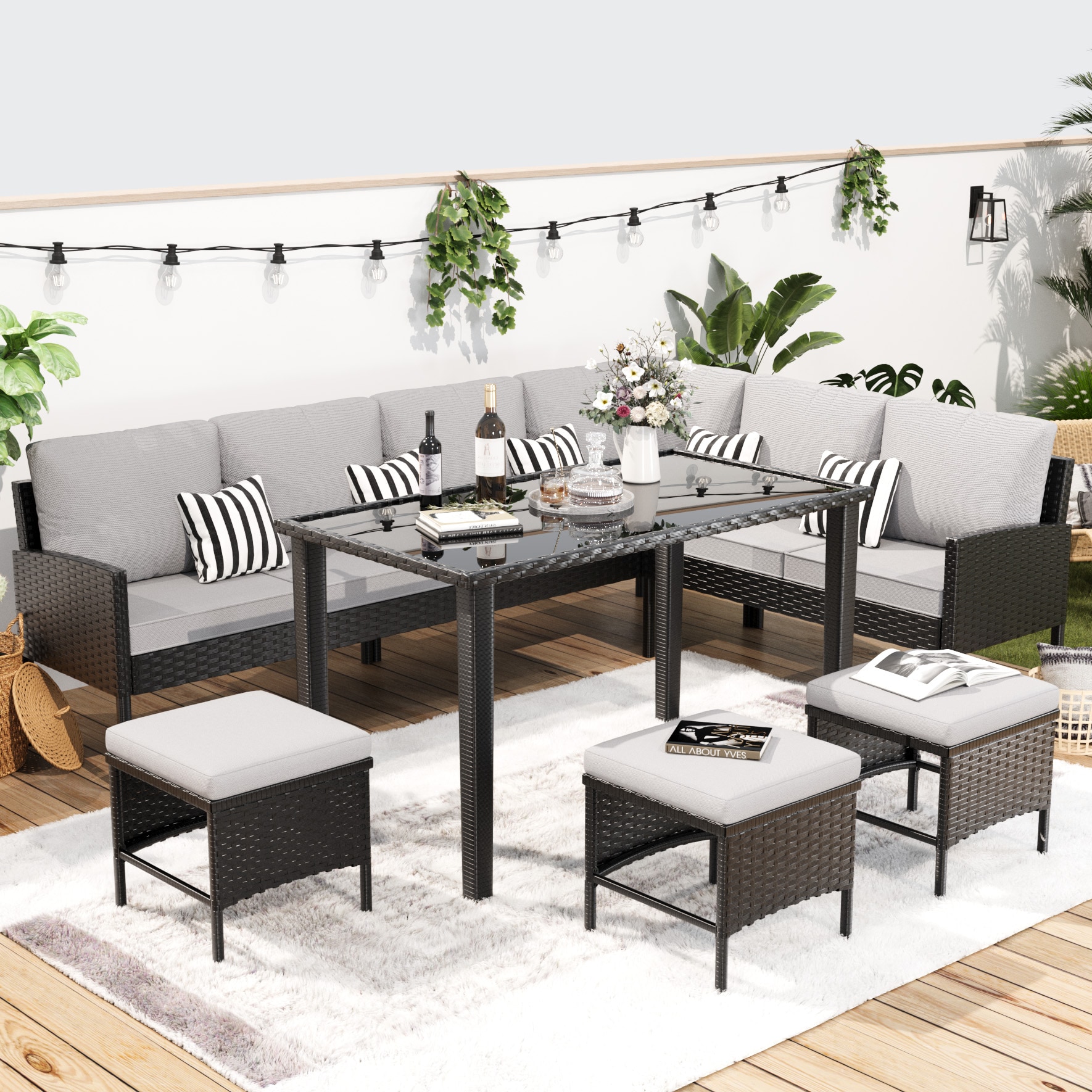 Clihome 7-piece outdoor furniture sets 7 -Piece Patio Conversation Set with White Cotton Cushions