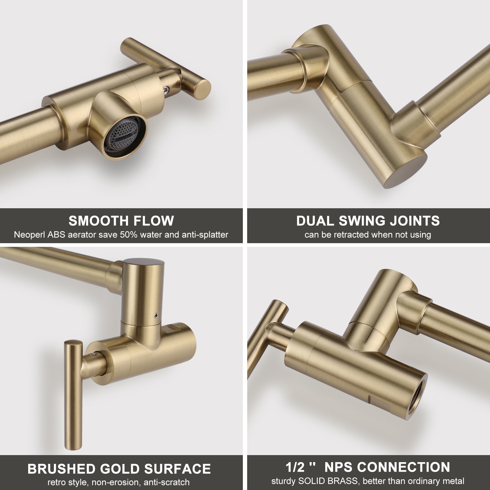 Brushed Gold Wall-Mount Dual Handle Pot Filler Faucet