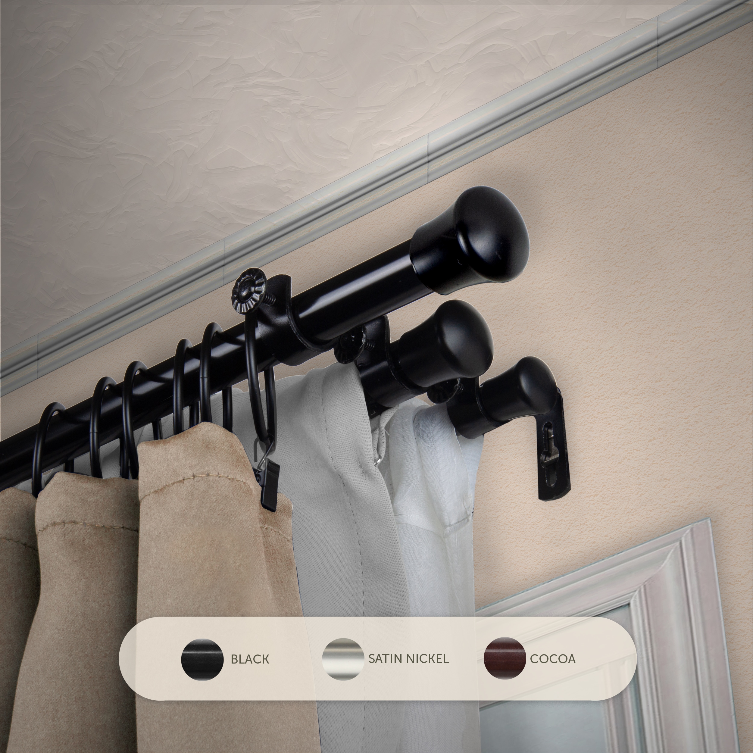 Hart & Harlow LO-TRIPLE-662 13/16-in Basic 66-in to 120-in Black Steel Triple curtain rod with Finials