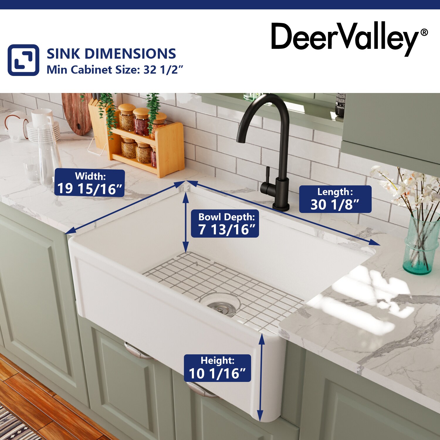 DeerValley Dv-1k026 Ceramic Farmhouse Kitchen Sink with Grid and Strainer,30 inch L x 18 inch W x 10 inch H, Size: One Size