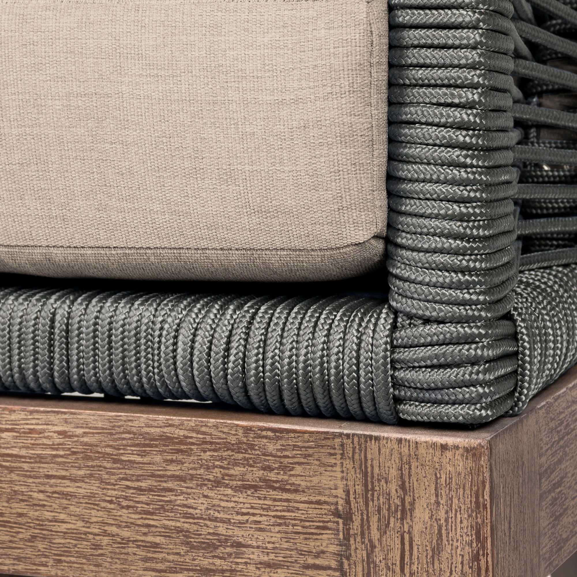 Orbit Eucalyptus Wood Outdoor Chair with Gray Rope and Taupe Cushions