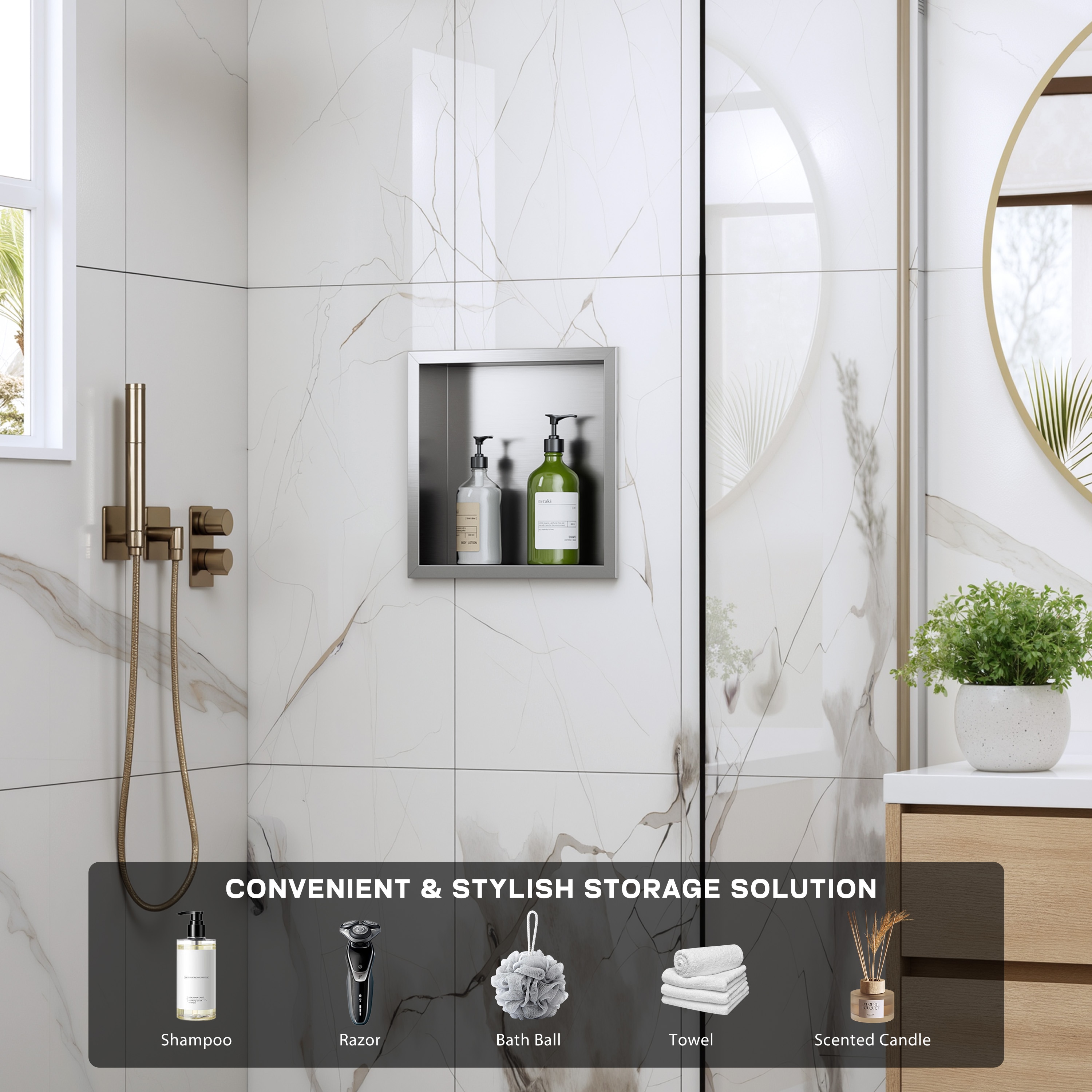 Yuaris 12 in. W x 12 in. H x 4 in. D Waterproof Recessed Shower Niche Storage Shelf in Brushed Nickel #LSSN1212BS2