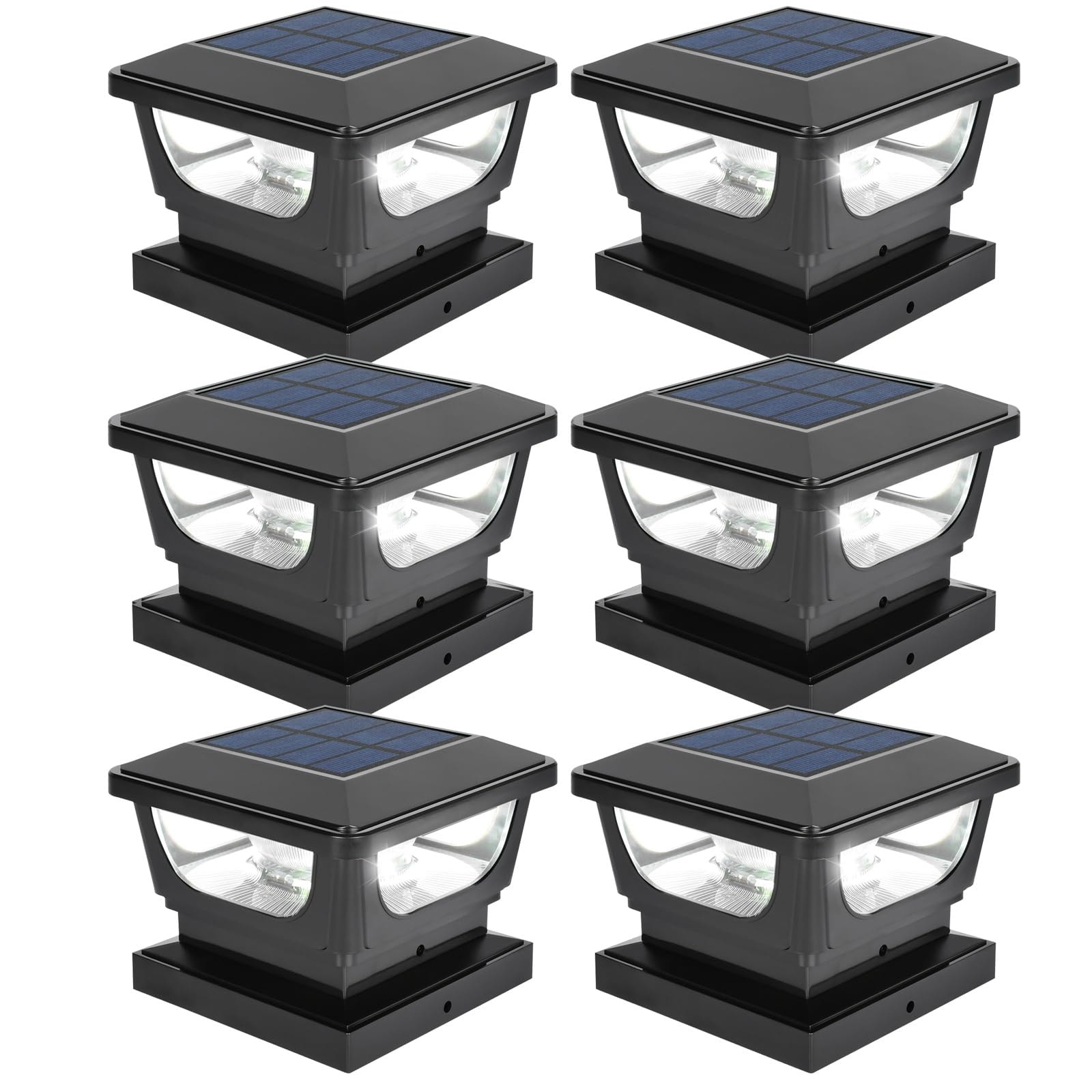 Lukvuzo  6 Pack Solar Post Cap Lights for 3x3 Metal and 4x4 Wood or Vinyl Posts 120 Lumen 6500K Cool White IP65 Waterproof Outdoor Deck Fence Lighting Black